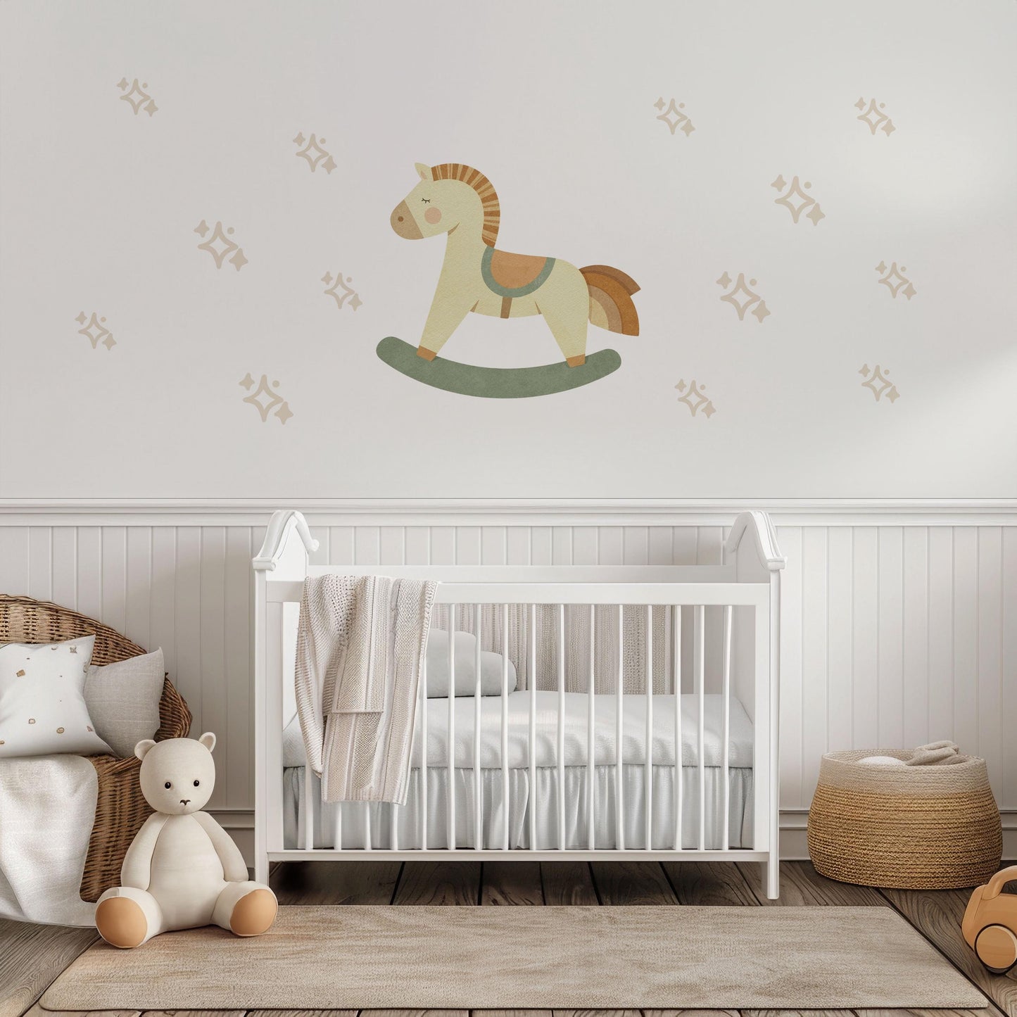 Star Wall Stickers, Boho Nursery Decor, Rocking Horse Wall Decals, Neutral Star Kids Room Baby Nursery Peel and Stick Wall Art