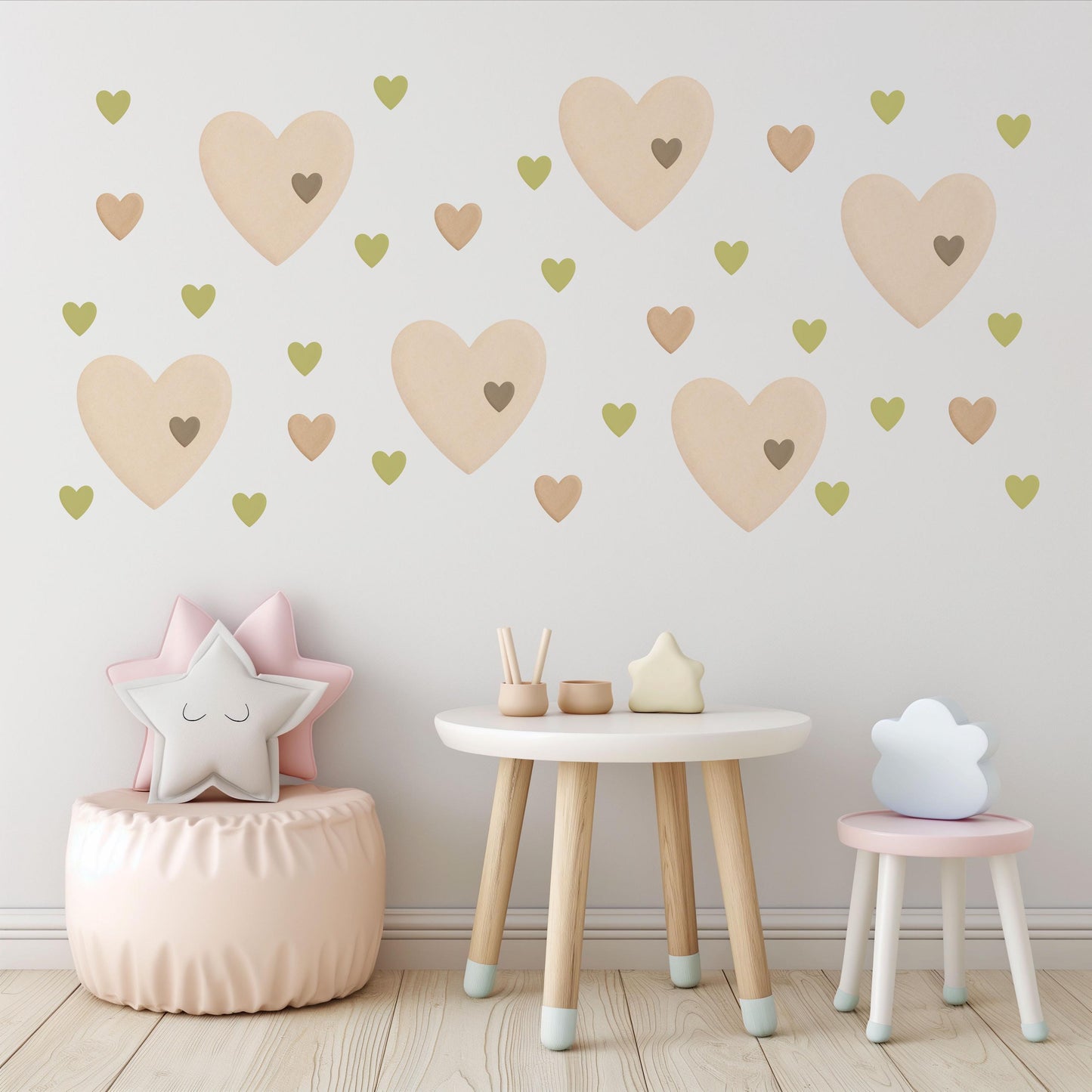 Heart Wall Stickers, Boho Nursery Decor, Sage Green Neutral Heart Wall Decals, Kids Room Baby Nursery Peel and Stick Wall Art