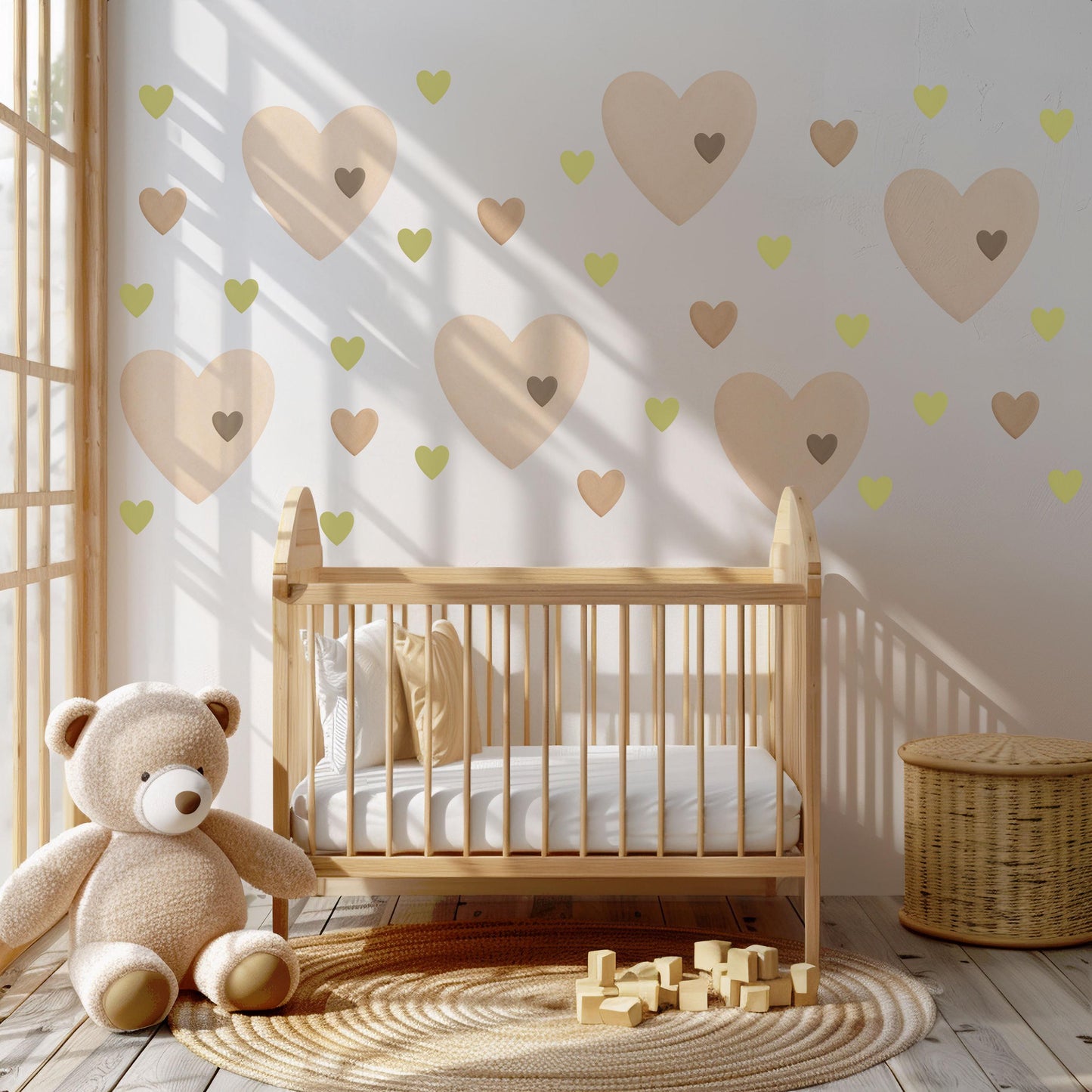 Heart Wall Stickers, Boho Nursery Decor, Sage Green Neutral Heart Wall Decals, Kids Room Baby Nursery Peel and Stick Wall Art