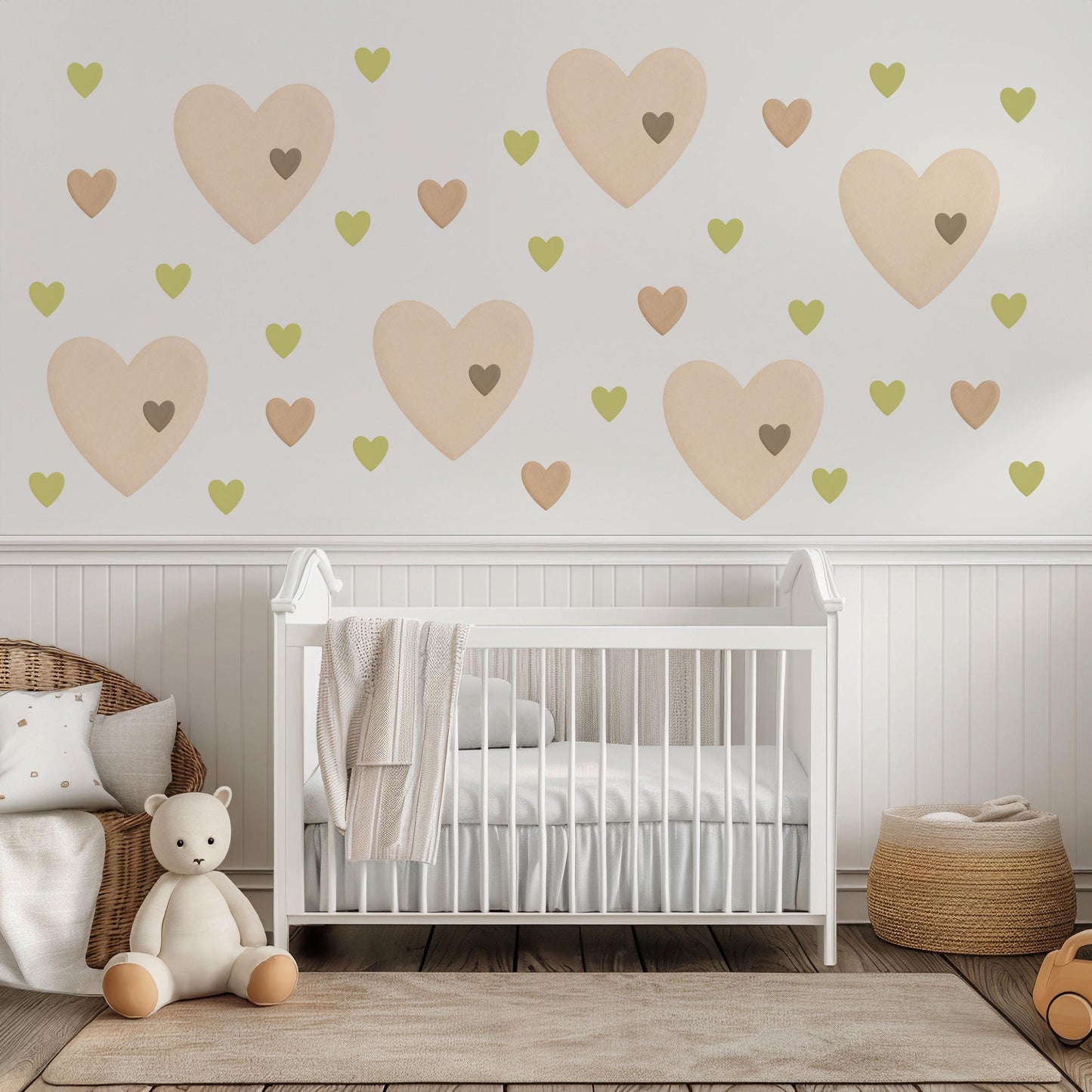 Heart Wall Stickers, Boho Nursery Decor, Sage Green Neutral Heart Wall Decals, Kids Room Baby Nursery Peel and Stick Wall Art