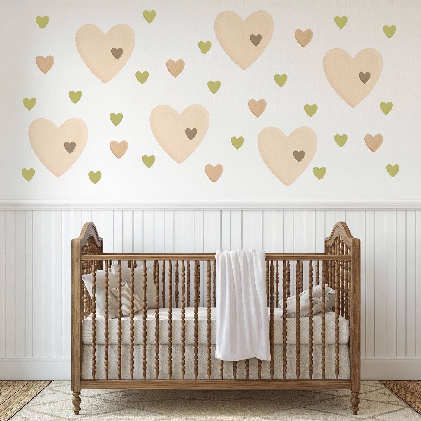 Heart Wall Stickers, Boho Nursery Decor, Sage Green Neutral Heart Wall Decals, Kids Room Baby Nursery Peel and Stick Wall Art