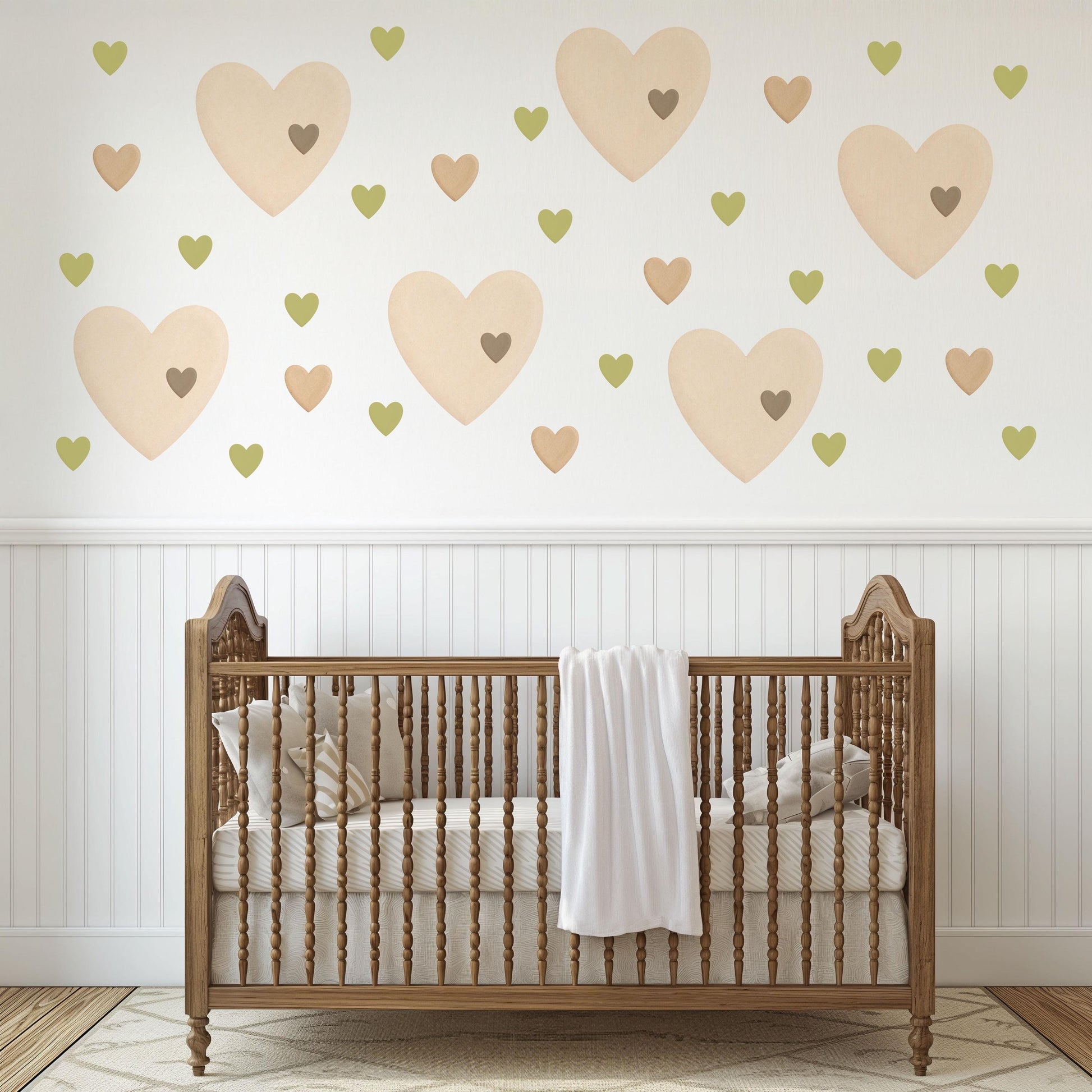 Heart Wall Stickers, Boho Nursery Decor, Sage Green Neutral Heart Wall Decals, Kids Room Baby Nursery Peel and Stick Wall Art