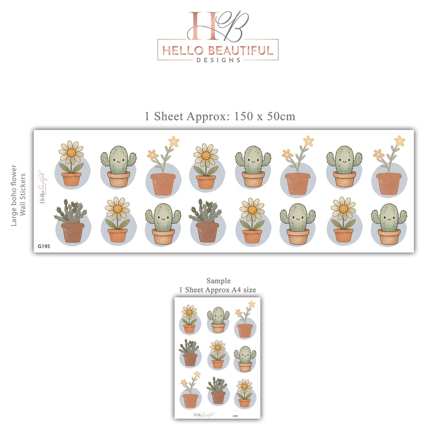 Cactus Wall Stickers, Boho Plant Nursery Decor, Succulent Daisy Wall Decals, Neutral Kids Room Baby Nursery Peel and Stick Wall Art