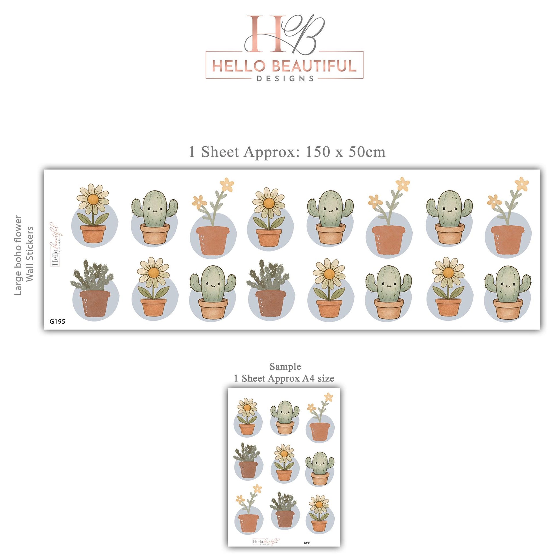 Cactus Wall Stickers, Boho Plant Nursery Decor, Succulent Daisy Wall Decals, Neutral Kids Room Baby Nursery Peel and Stick Wall Art