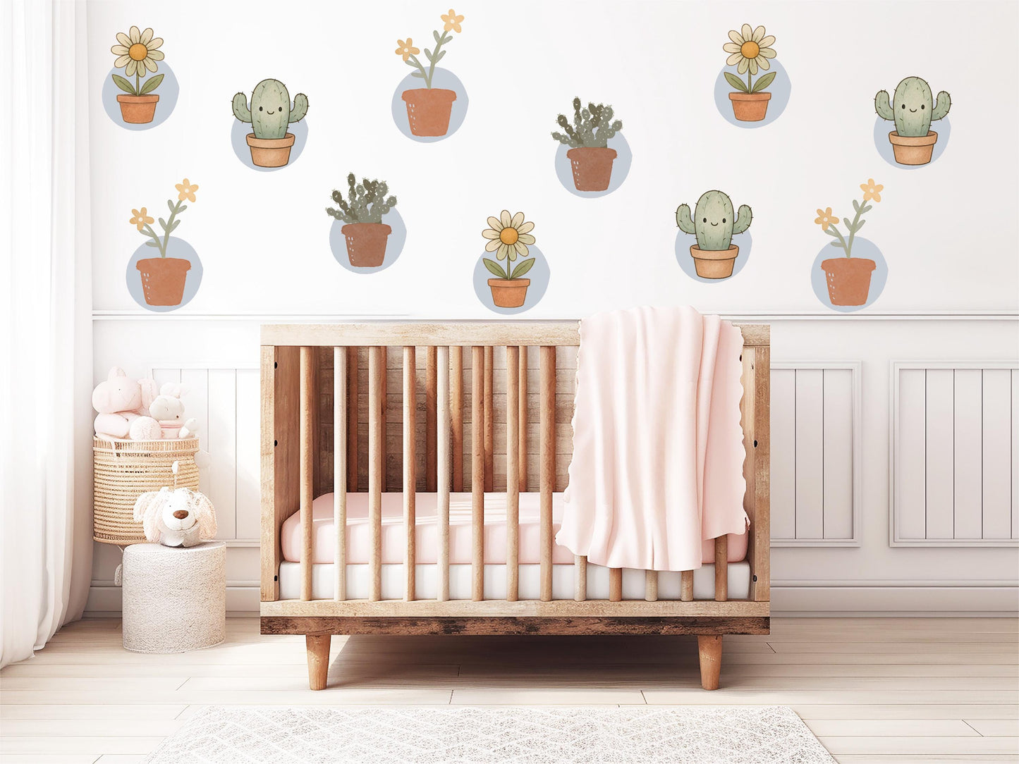 Cactus Wall Stickers, Boho Plant Nursery Decor, Succulent Daisy Wall Decals, Neutral Kids Room Baby Nursery Peel and Stick Wall Art