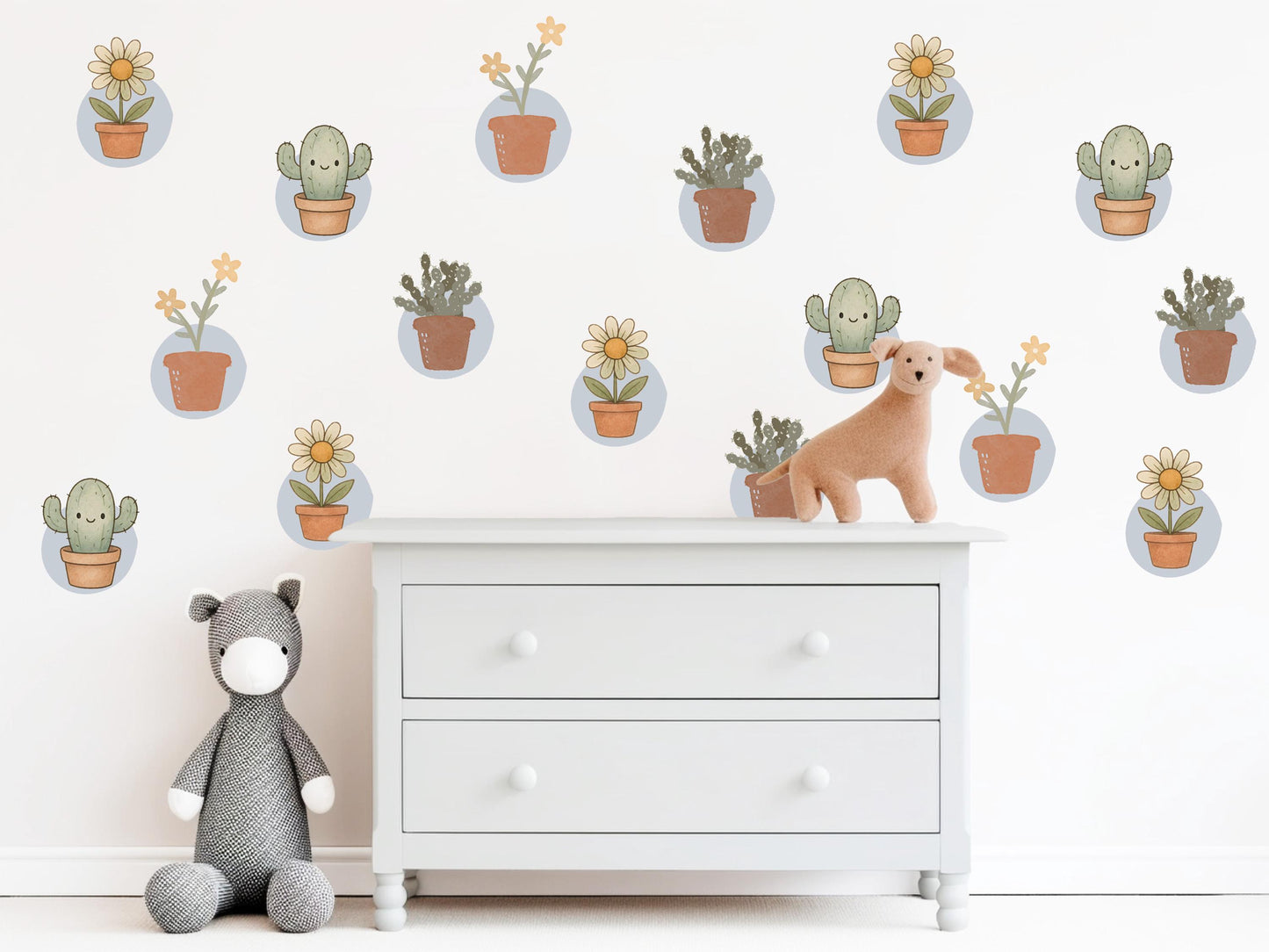 Cactus Wall Stickers, Boho Plant Nursery Decor, Succulent Daisy Wall Decals, Neutral Kids Room Baby Nursery Peel and Stick Wall Art