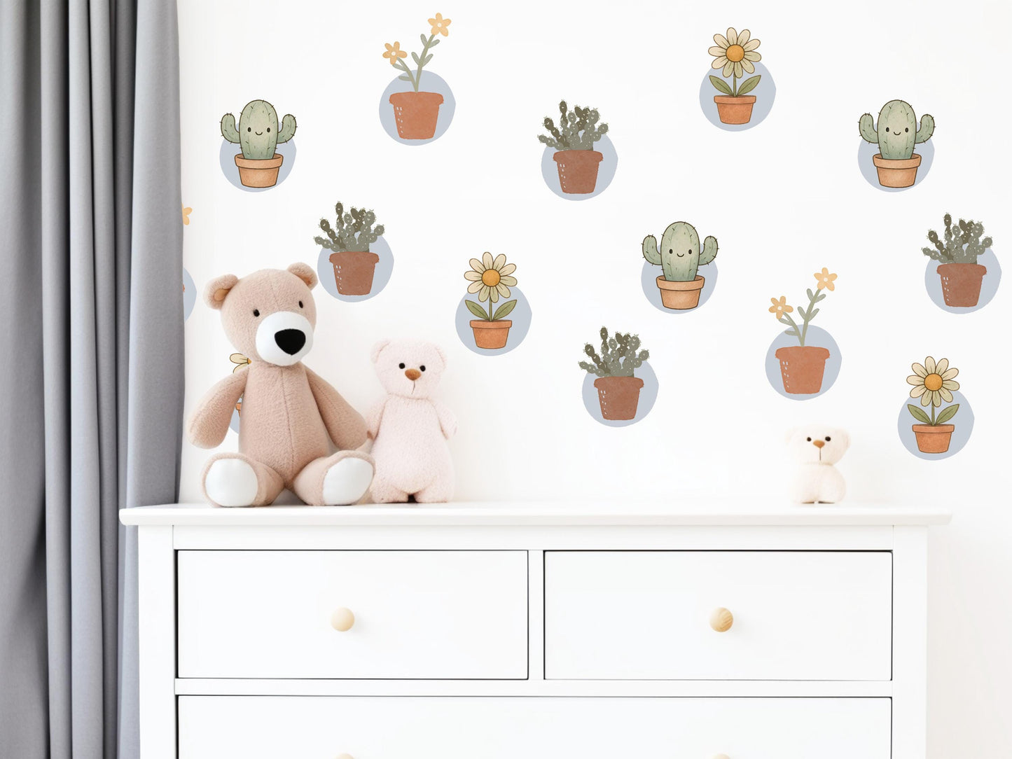 Cactus Wall Stickers, Boho Plant Nursery Decor, Succulent Daisy Wall Decals, Neutral Kids Room Baby Nursery Peel and Stick Wall Art
