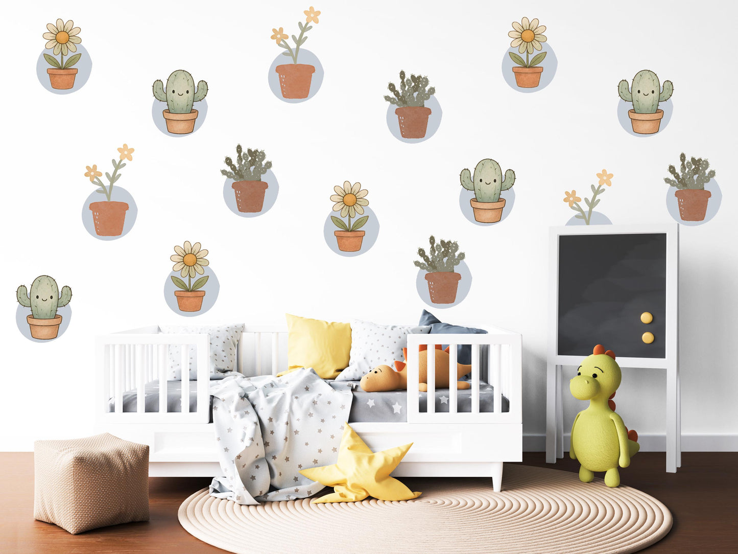 Cactus Wall Stickers, Boho Plant Nursery Decor, Succulent Daisy Wall Decals, Neutral Kids Room Baby Nursery Peel and Stick Wall Art