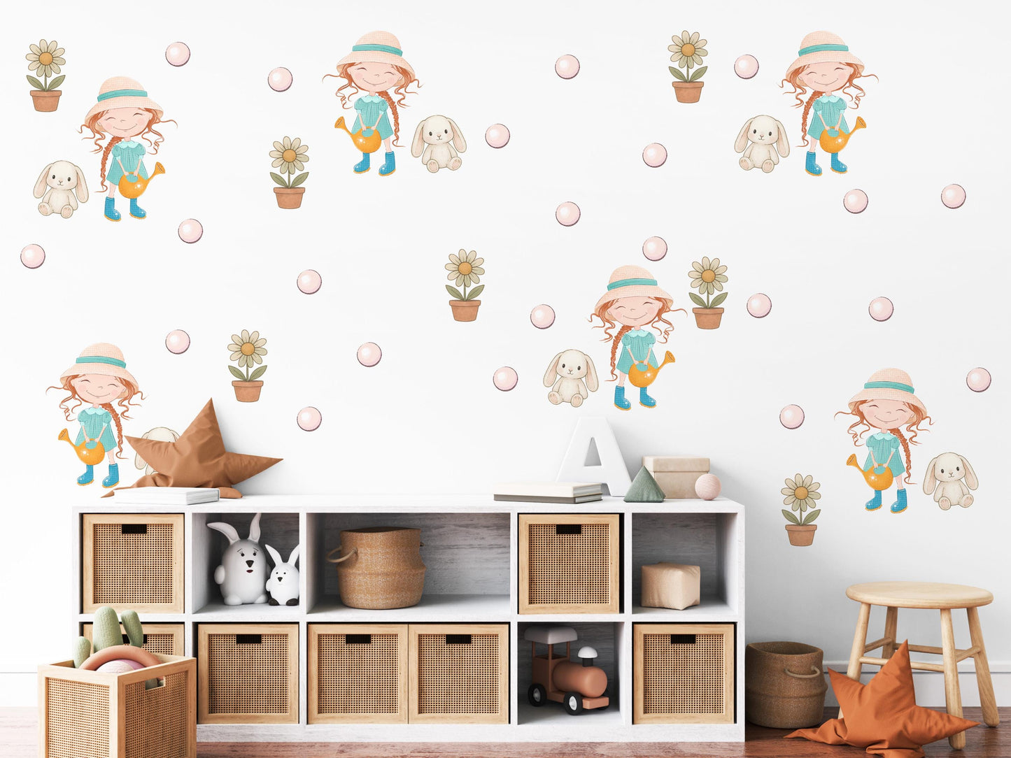 Girls Wall Stickers, Garden Nursery Decor, Little Gardener Girl Flower Bunny Wall Decals, Kids Bedroom Playroom Peel and Stick Wall Art
