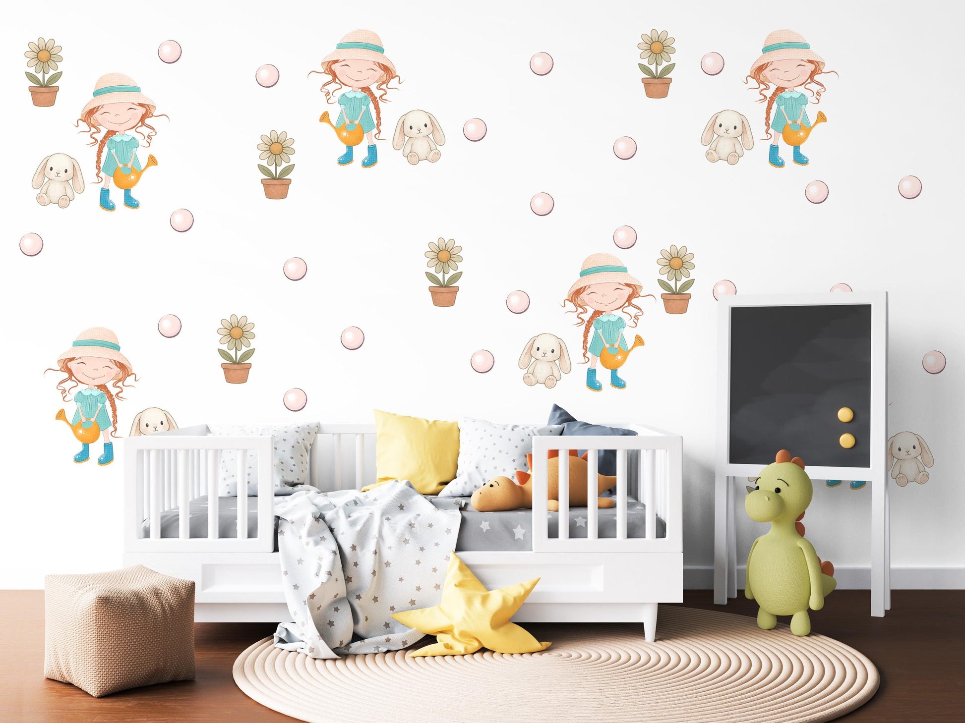 Girls Wall Stickers, Garden Nursery Decor, Little Gardener Girl Flower Bunny Wall Decals, Kids Bedroom Playroom Peel and Stick Wall Art