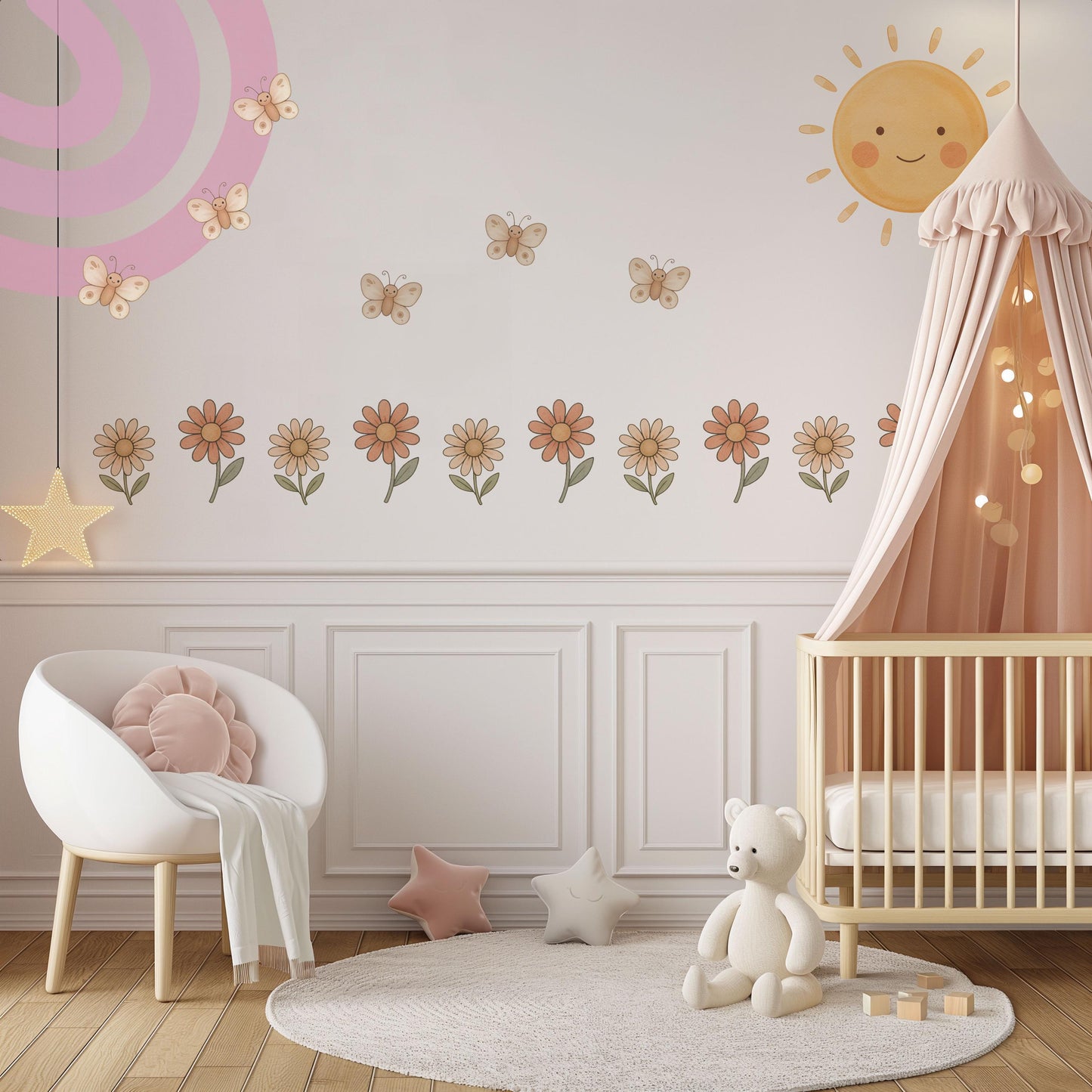 Rainbow Wall Stickers, Boho Rainbow Nursery Decor, Sun Daisy Butterfly Wall Decals, Kids Room Baby Girl Nursery Peel and Stick Wall Art