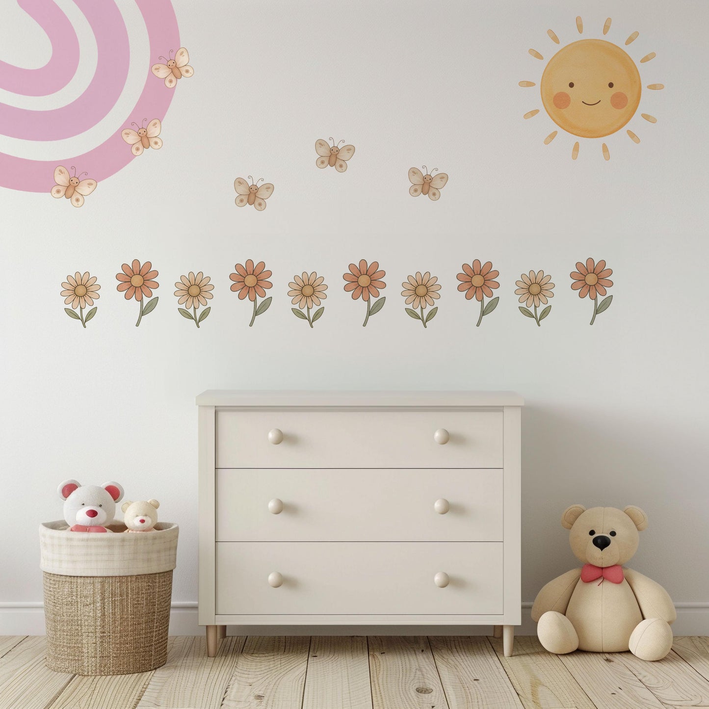 Rainbow Wall Stickers, Boho Rainbow Nursery Decor, Sun Daisy Butterfly Wall Decals, Kids Room Baby Girl Nursery Peel and Stick Wall Art