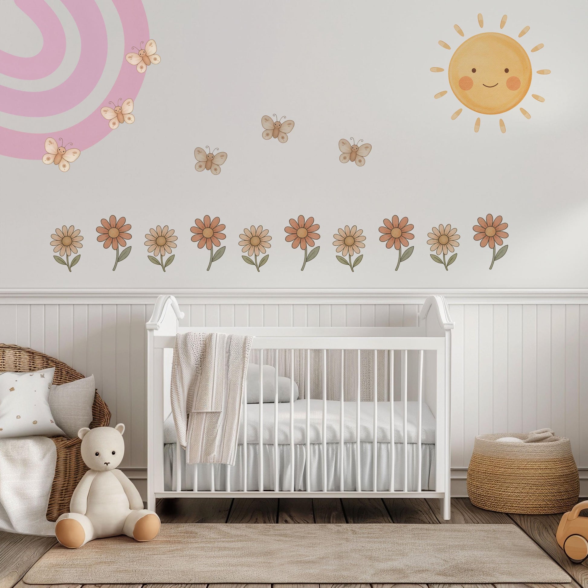 Rainbow Wall Stickers, Boho Rainbow Nursery Decor, Sun Daisy Butterfly Wall Decals, Kids Room Baby Girl Nursery Peel and Stick Wall Art