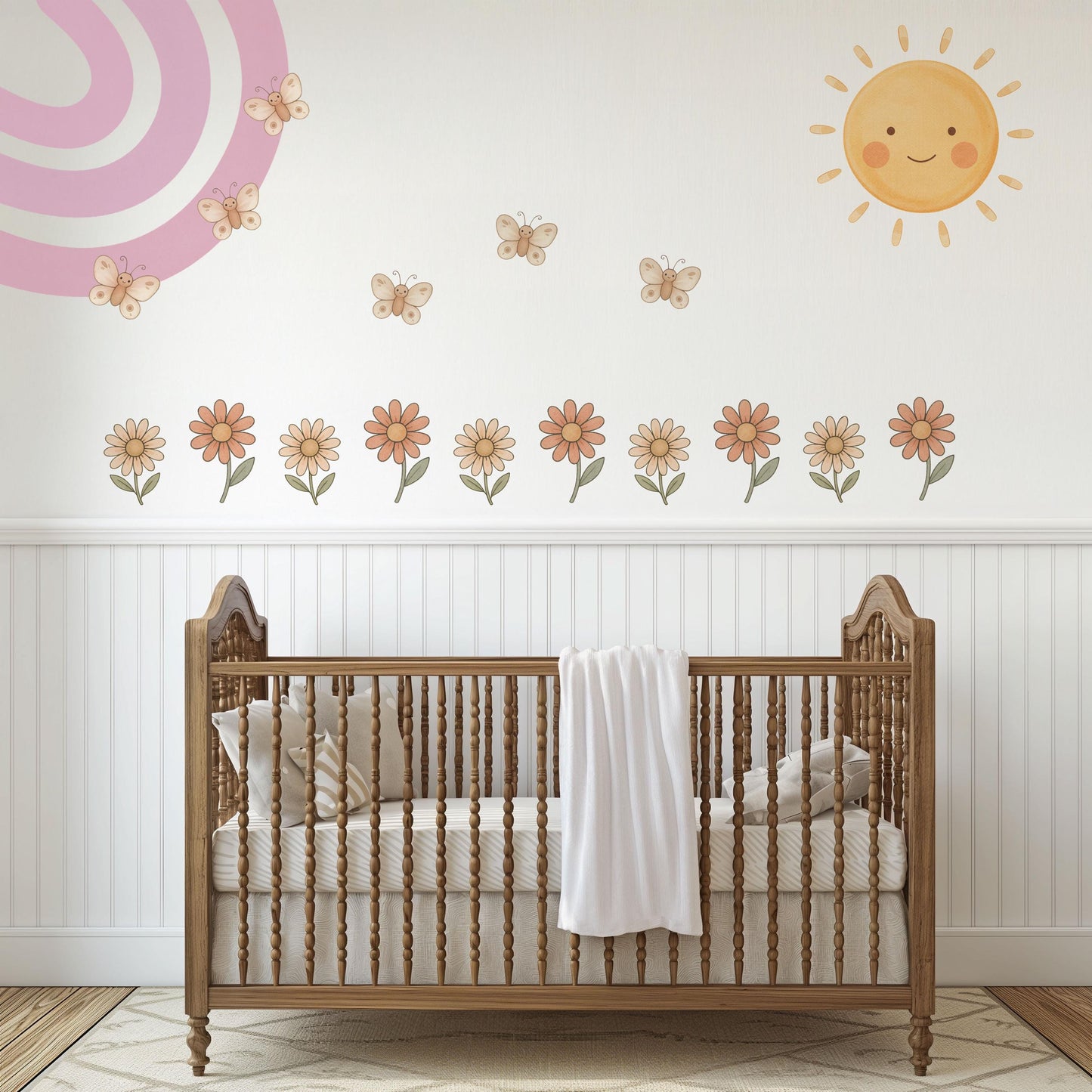 Rainbow Wall Stickers, Boho Rainbow Nursery Decor, Sun Daisy Butterfly Wall Decals, Kids Room Baby Girl Nursery Peel and Stick Wall Art