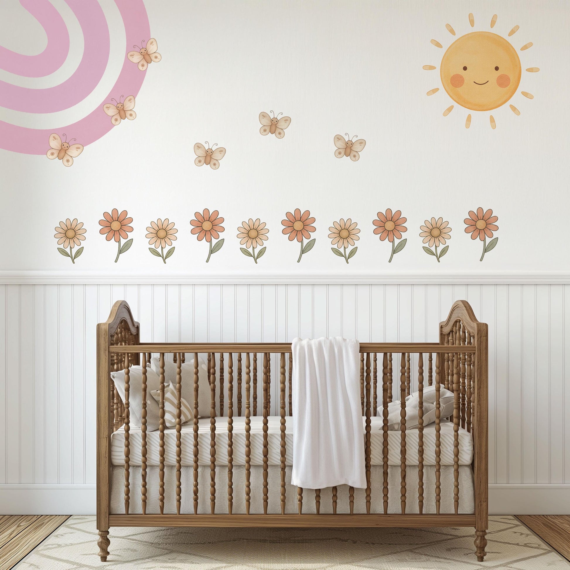 Rainbow Wall Stickers, Boho Rainbow Nursery Decor, Sun Daisy Butterfly Wall Decals, Kids Room Baby Girl Nursery Peel and Stick Wall Art