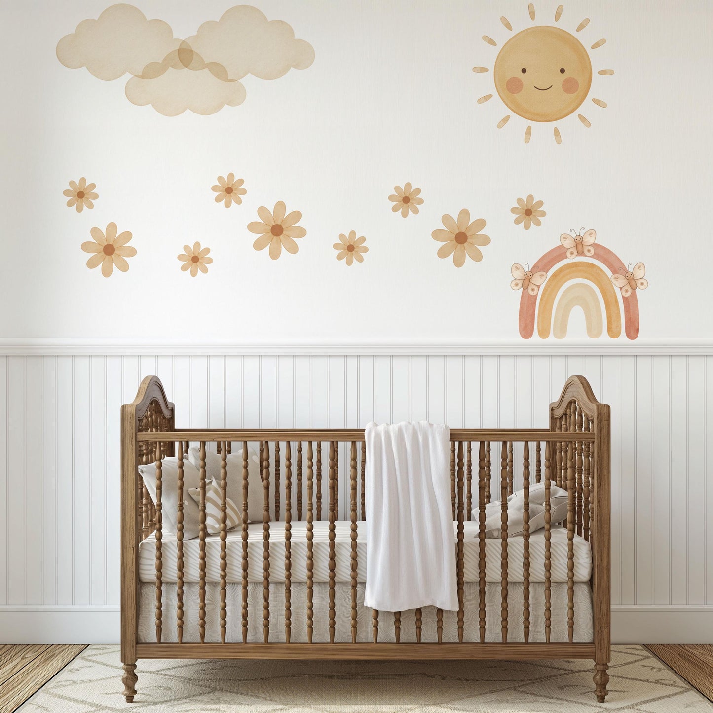 Rainbow Wall Stickers, Boho Neutral Nursery Decor, Sun Cloud Daisy Butterfly Wall Decals, Gender Neutral Kids Room Peel and Stick Wall Art