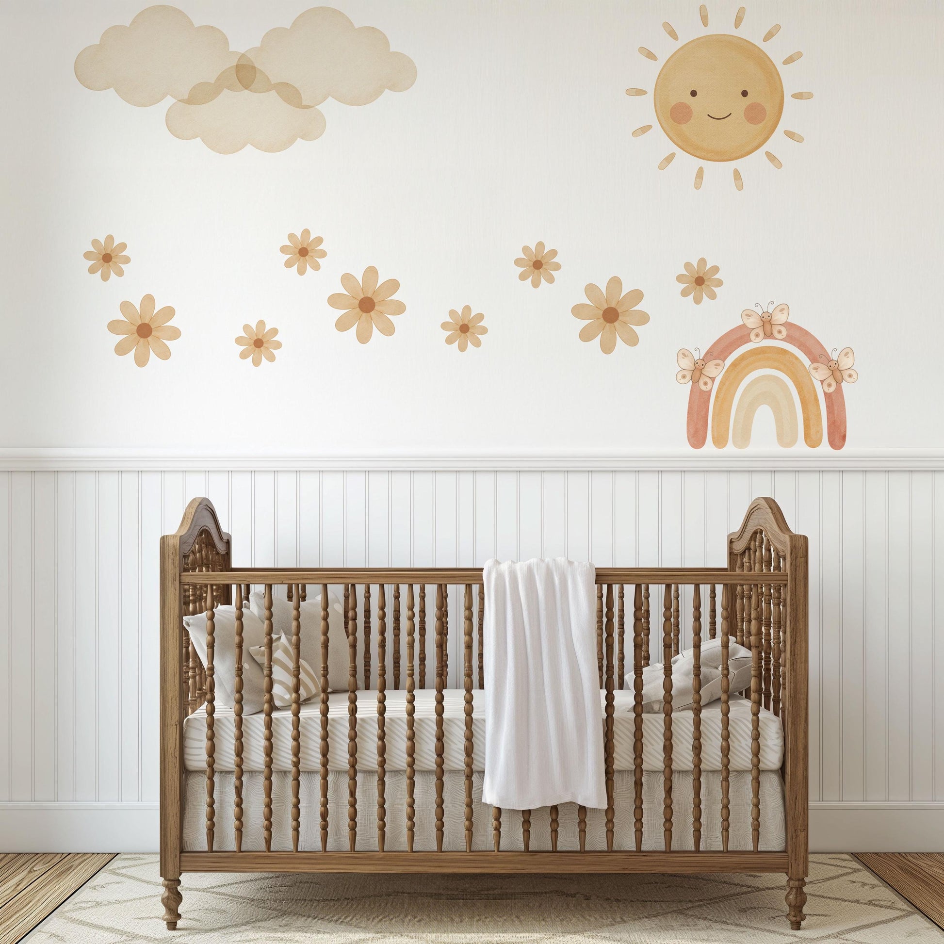 Rainbow Wall Stickers, Boho Neutral Nursery Decor, Sun Cloud Daisy Butterfly Wall Decals, Gender Neutral Kids Room Peel and Stick Wall Art