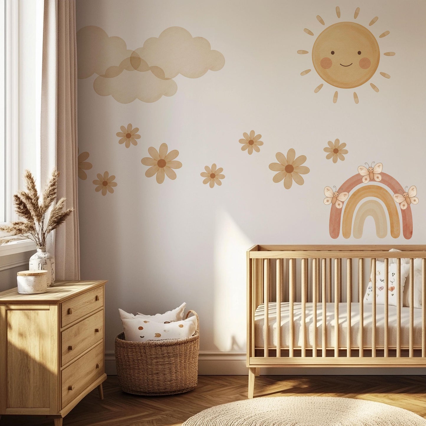 Rainbow Wall Stickers, Boho Neutral Nursery Decor, Sun Cloud Daisy Butterfly Wall Decals, Gender Neutral Kids Room Peel and Stick Wall Art