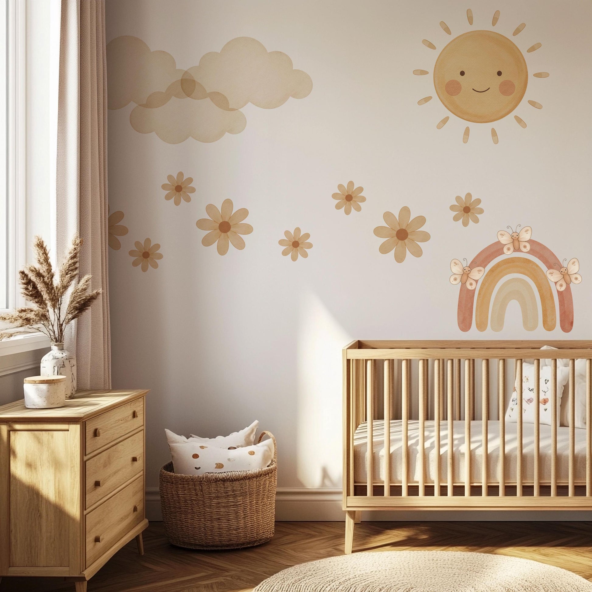 Rainbow Wall Stickers, Boho Neutral Nursery Decor, Sun Cloud Daisy Butterfly Wall Decals, Gender Neutral Kids Room Peel and Stick Wall Art