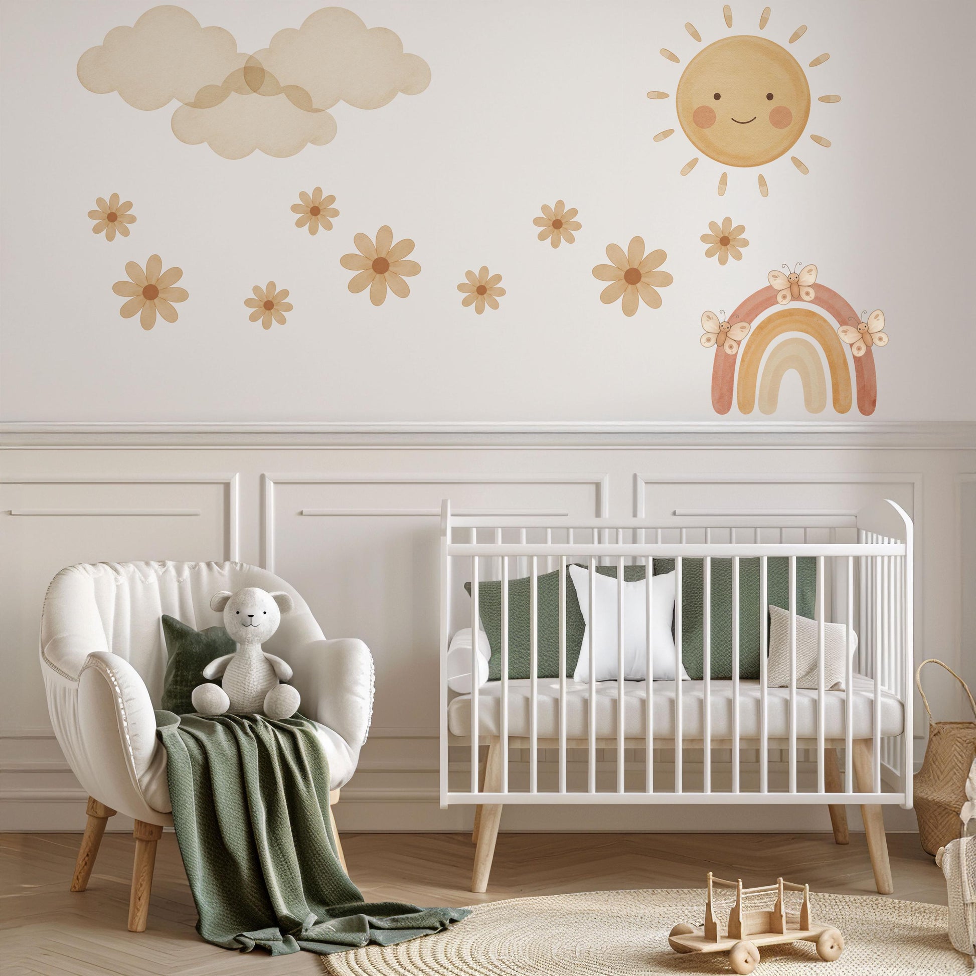 Rainbow Wall Stickers, Boho Neutral Nursery Decor, Sun Cloud Daisy Butterfly Wall Decals, Gender Neutral Kids Room Peel and Stick Wall Art