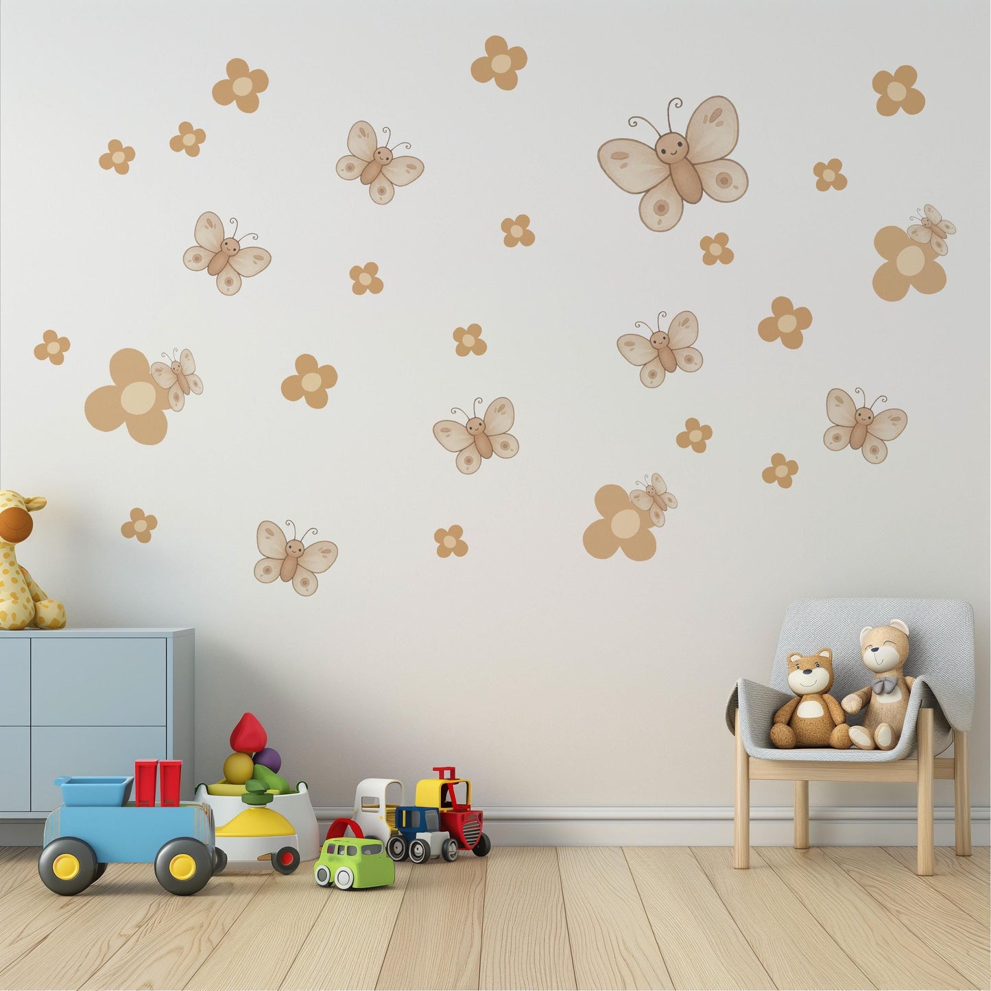 Butterfly Wall Stickers, Boho Nursery Decor, Neutral Daisy Flower Wall Decals, Kids Room Baby Girl Nursery Peel and Stick Wall Art