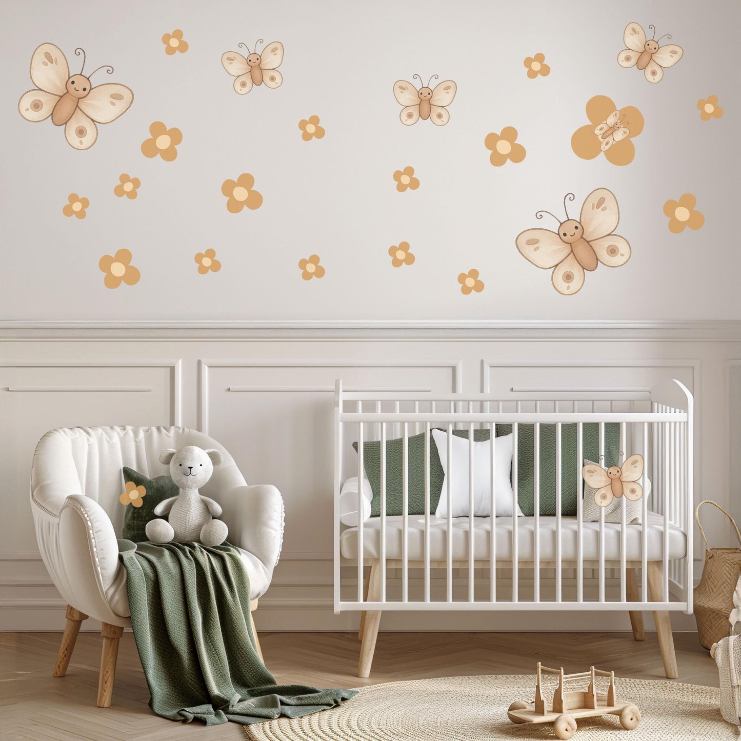 Butterfly Wall Stickers, Boho Nursery Decor, Neutral Daisy Flower Wall Decals, Kids Room Baby Girl Nursery Peel and Stick Wall Art