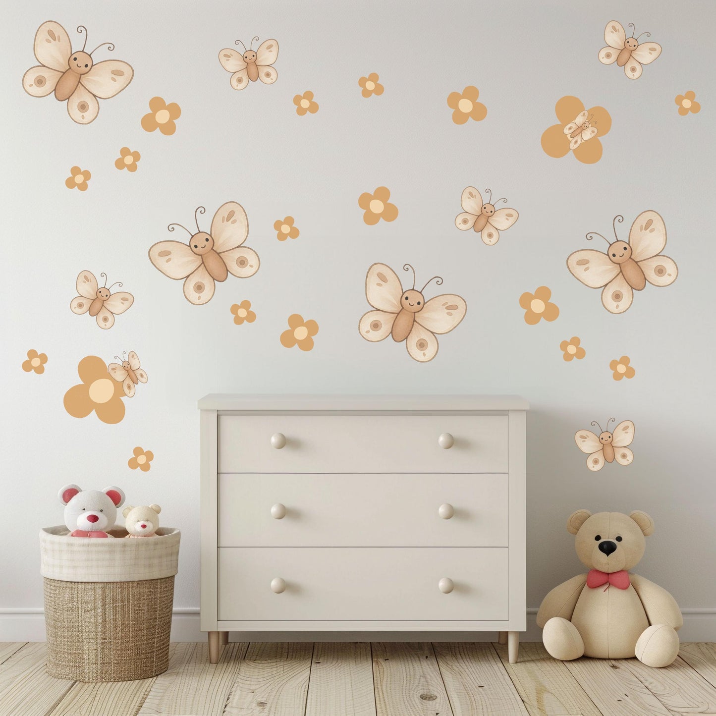 Butterfly Wall Stickers, Boho Nursery Decor, Neutral Daisy Flower Wall Decals, Kids Room Baby Girl Nursery Peel and Stick Wall Art