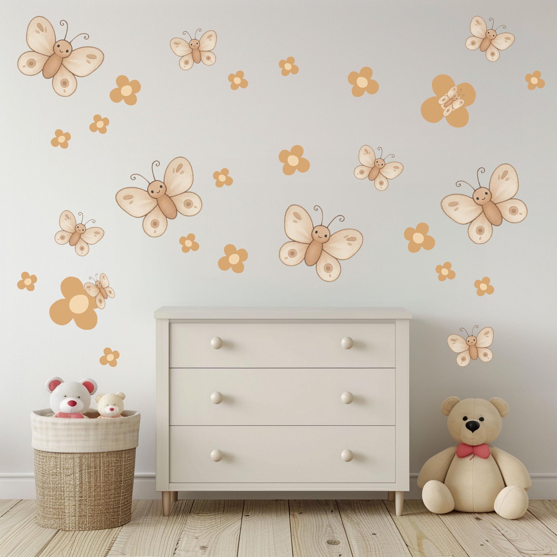 Butterfly Wall Stickers, Boho Nursery Decor, Neutral Daisy Flower Wall Decals, Kids Room Baby Girl Nursery Peel and Stick Wall Art