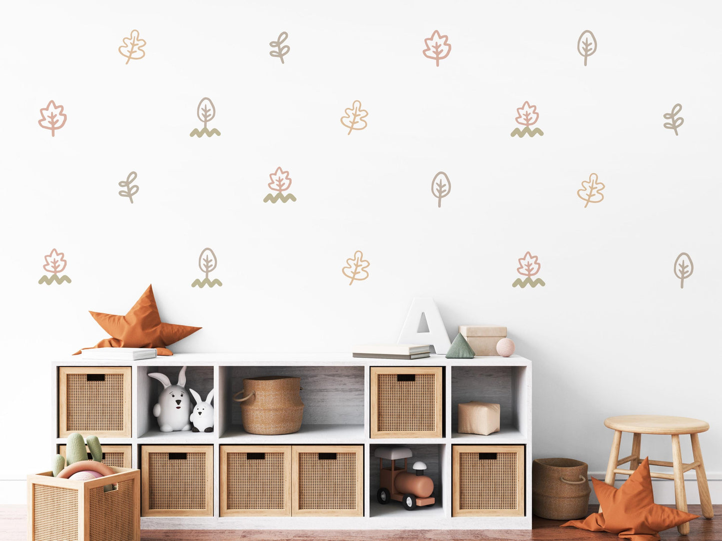 Leaf Wall Stickers, Boho Botanical Nursery Decor, Neutral Scandi Leaf Wall Decals, Kids Room Baby Nursery Peel and Stick Wall Art