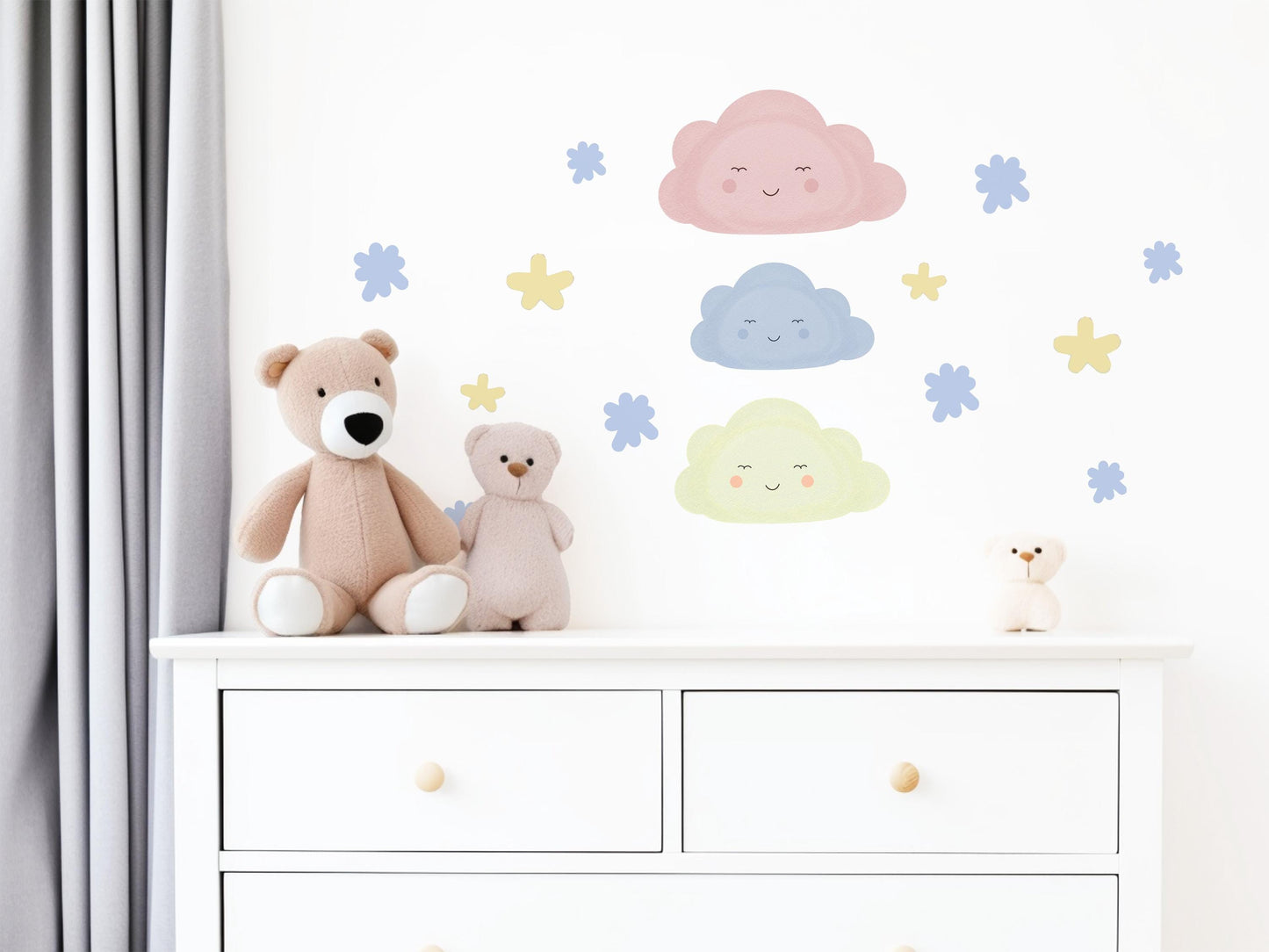Cloud Wall Stickers, Star Nursery Decor, Pastel Cloud Star Wall Decals, Kids Room Baby Boy Girl Nursery Peel and Stick Wall Art