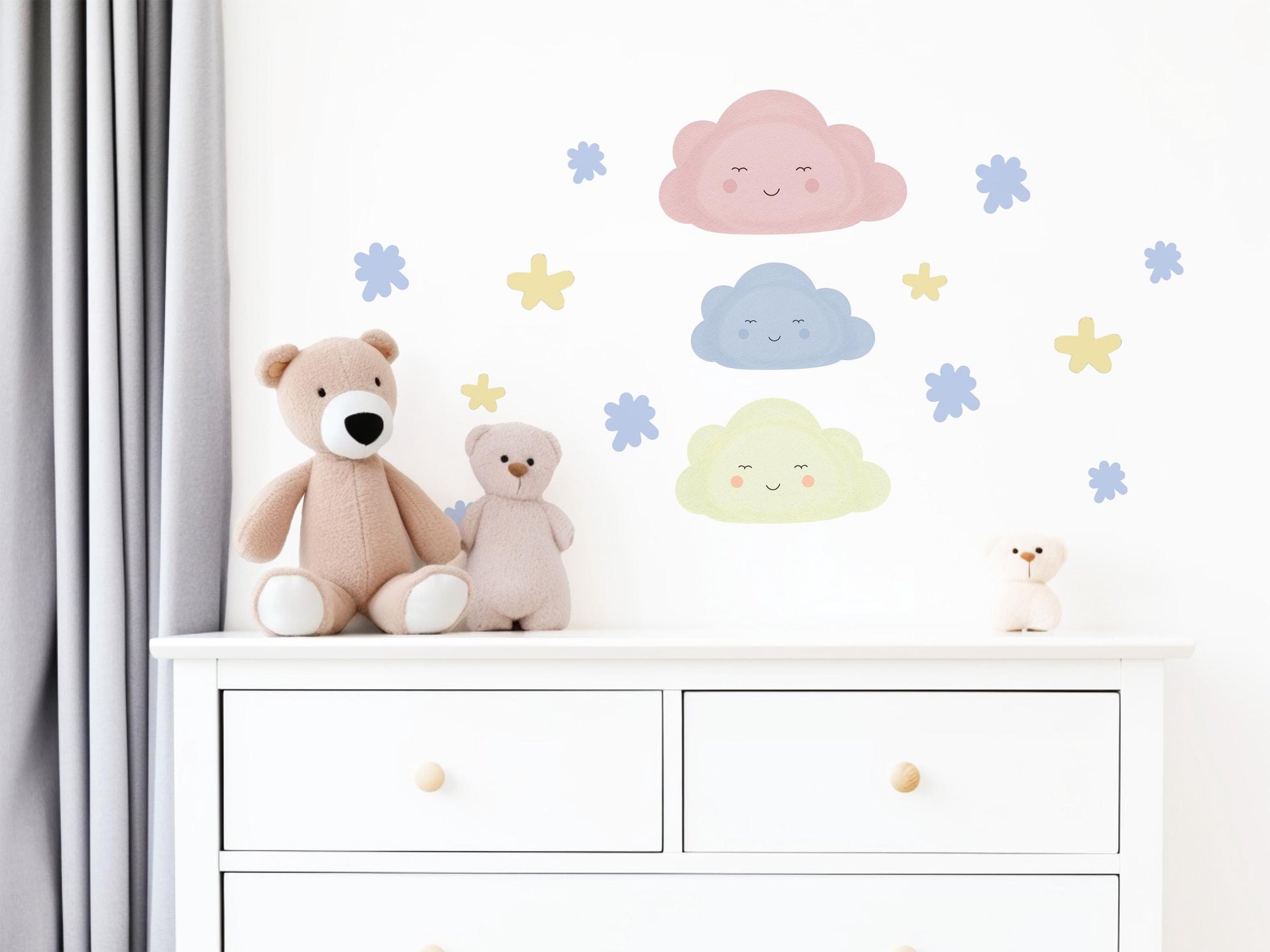 Cloud Wall Stickers, Star Nursery Decor, Pastel Cloud Star Wall Decals, Kids Room Baby Boy Girl Nursery Peel and Stick Wall Art