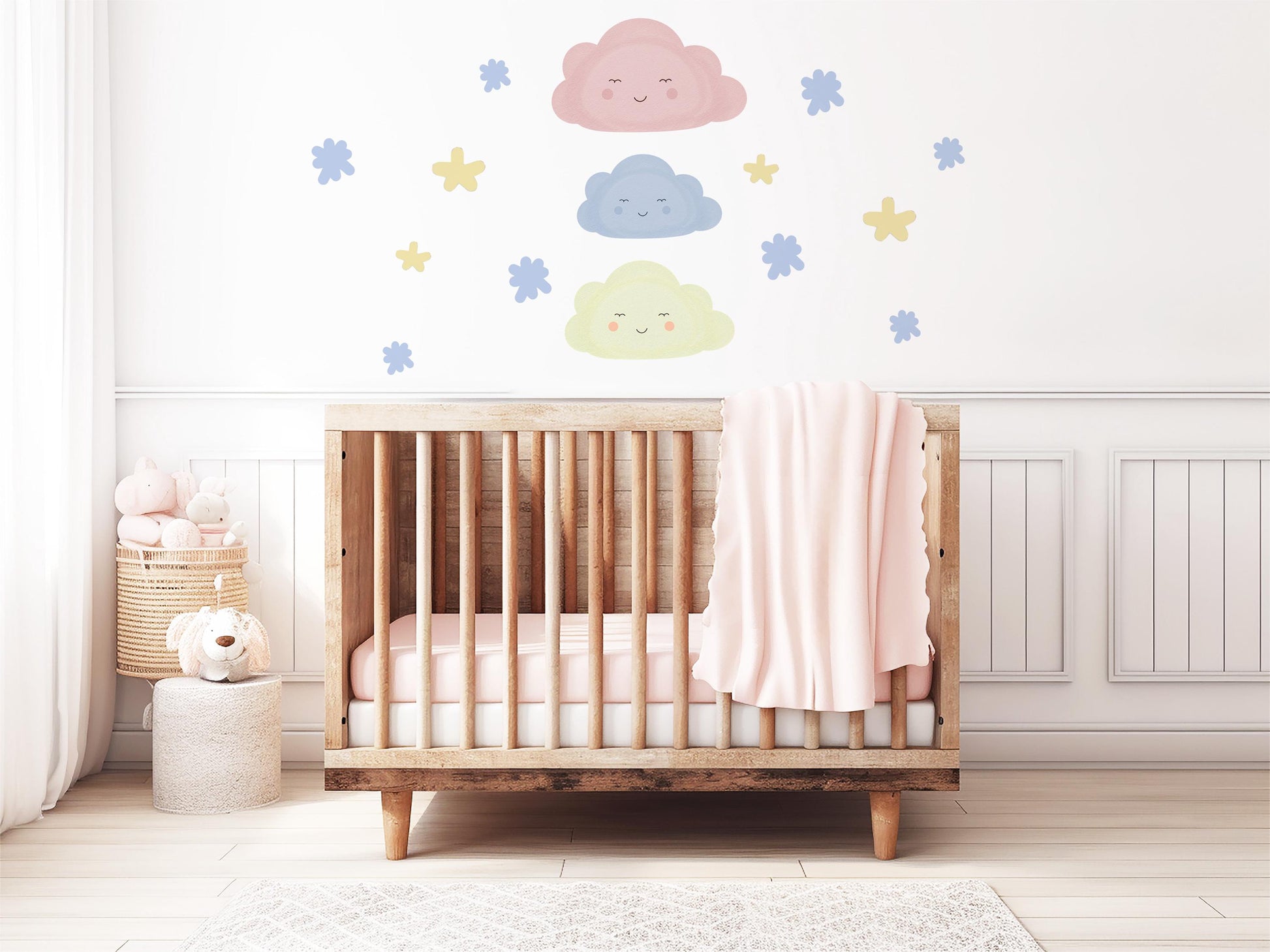 Cloud Wall Stickers, Star Nursery Decor, Pastel Cloud Star Wall Decals, Kids Room Baby Boy Girl Nursery Peel and Stick Wall Art