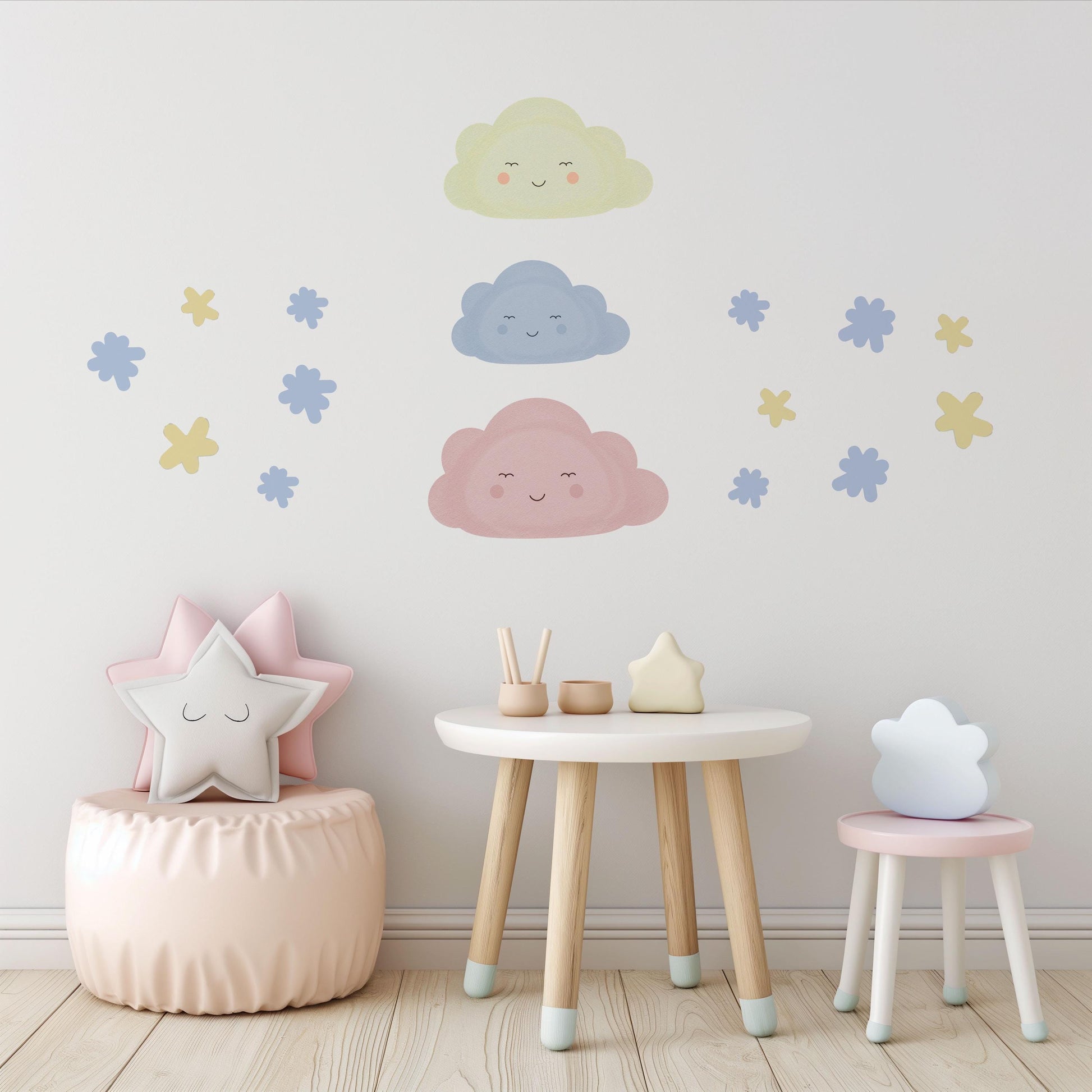 Cloud Wall Stickers, Star Nursery Decor, Pastel Cloud Star Wall Decals, Kids Room Baby Boy Girl Nursery Peel and Stick Wall Art