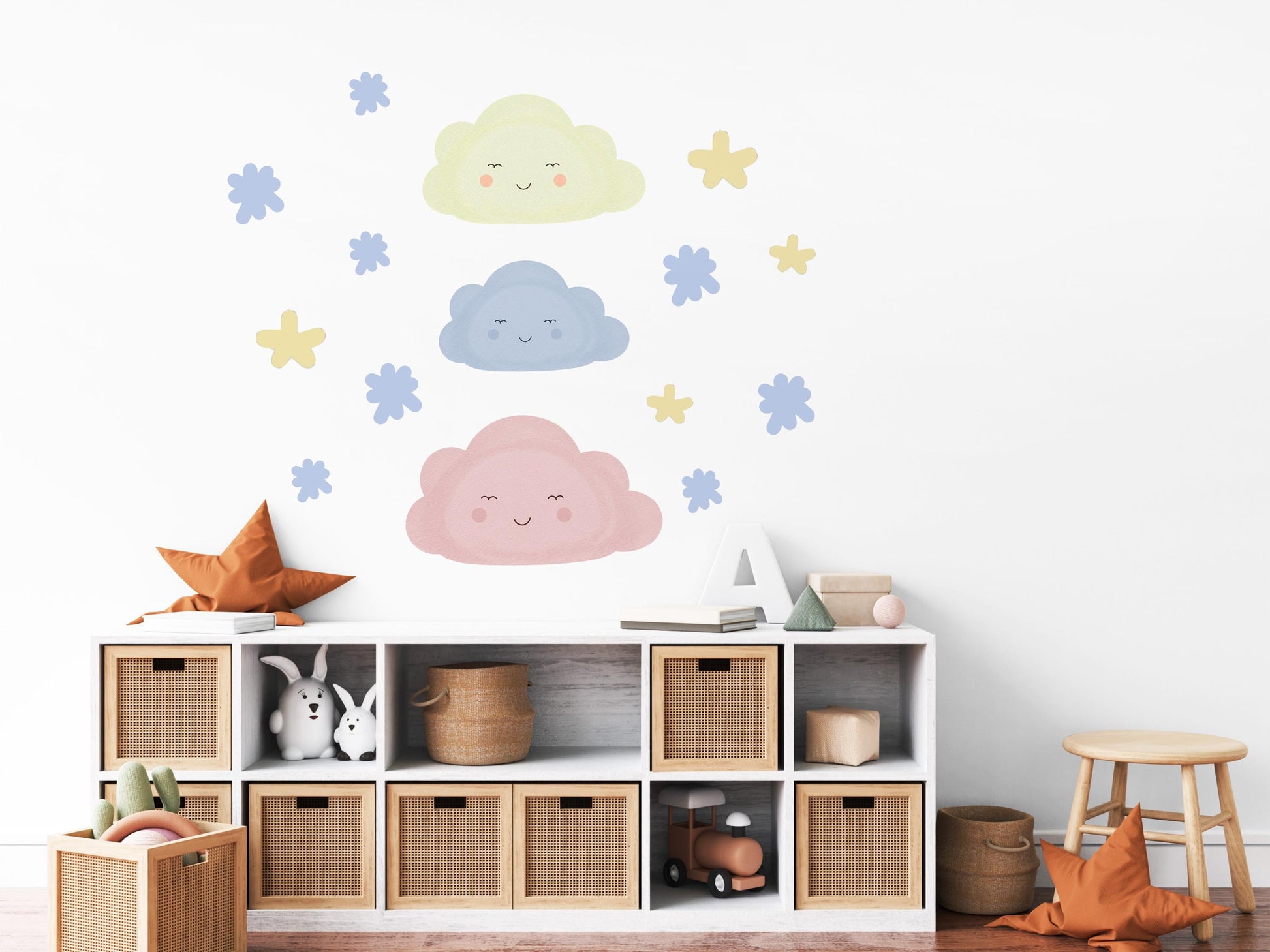Cloud Wall Stickers, Star Nursery Decor, Pastel Cloud Star Wall Decals, Kids Room Baby Boy Girl Nursery Peel and Stick Wall Art
