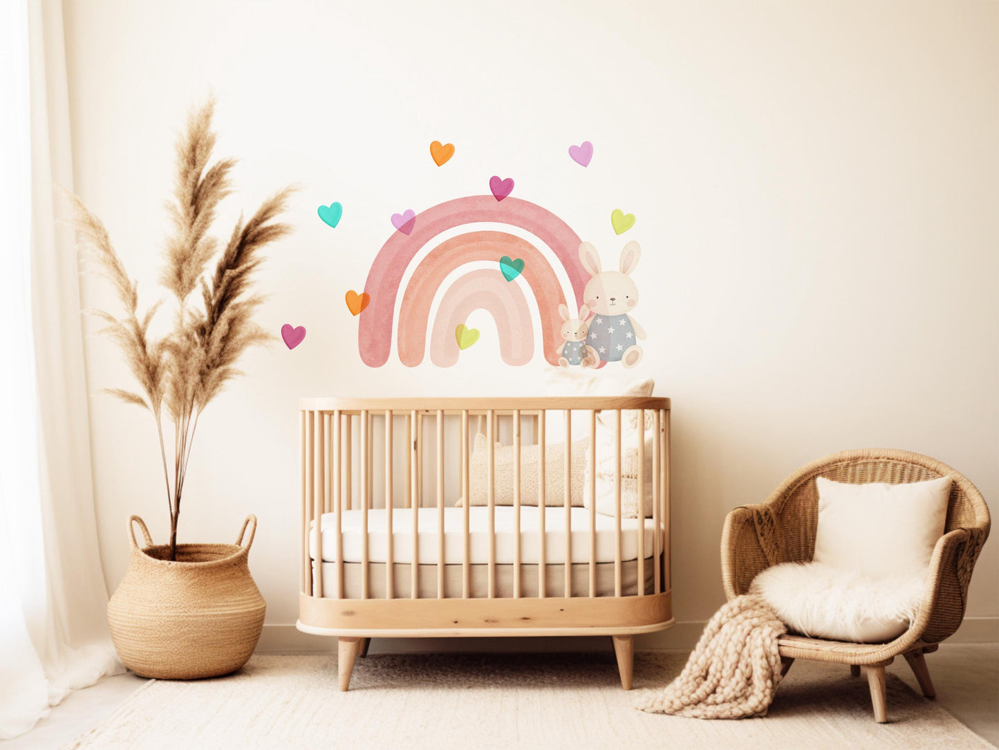 Bunny Wall Stickers, Rainbow Nursery Decor, Boho Rainbow Heart Wall Decals, Girls Room Baby Girl Nursery Peel and Stick Wall Art