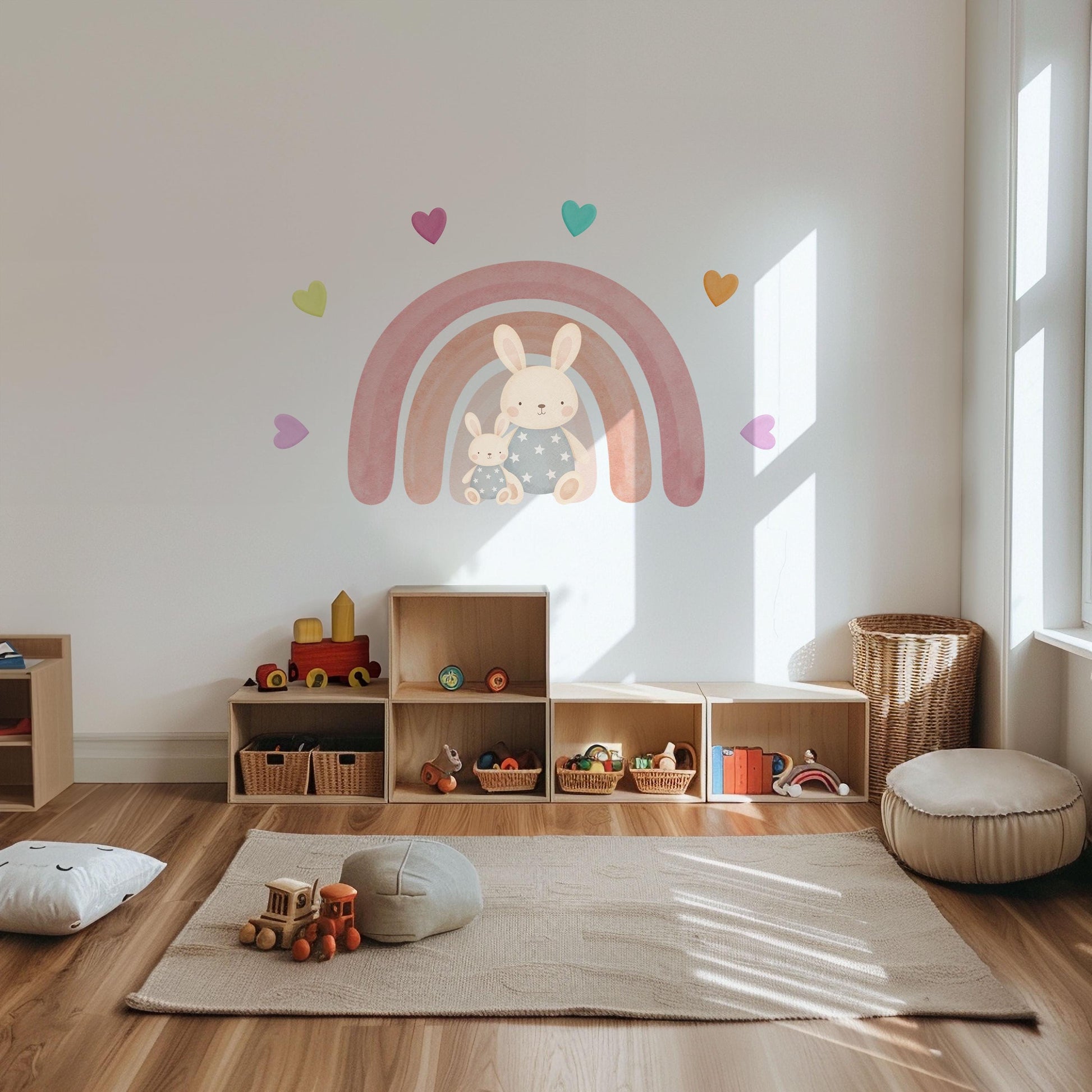 Bunny Wall Stickers, Rainbow Nursery Decor, Boho Rainbow Heart Wall Decals, Girls Room Baby Girl Nursery Peel and Stick Wall Art