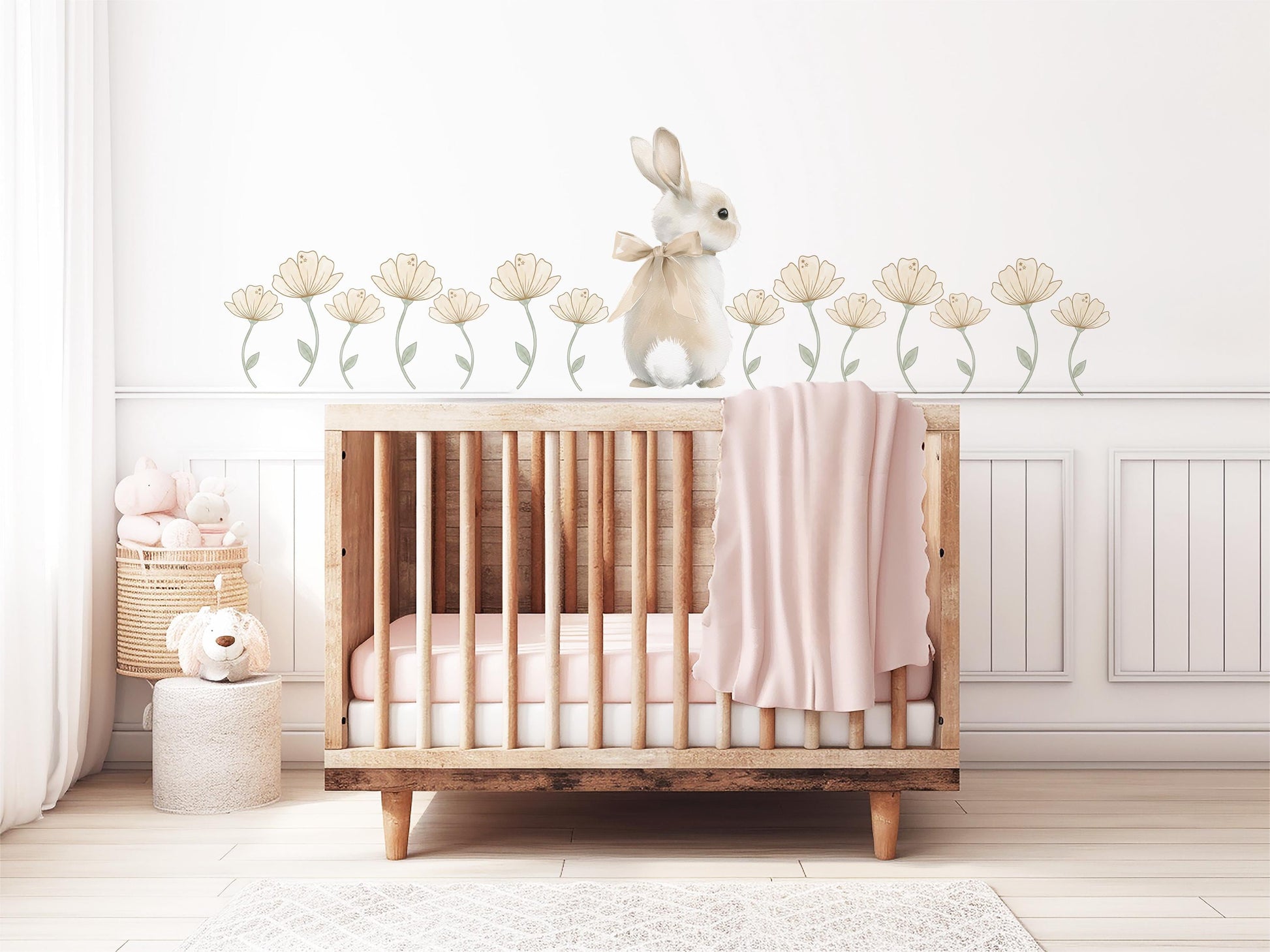 Wildflower Wall Stickers, Boho Nursery Decor, Neutral Bunny Floral Wall Decals, Girls Room Baby Nursery Peel and Stick Wall Art