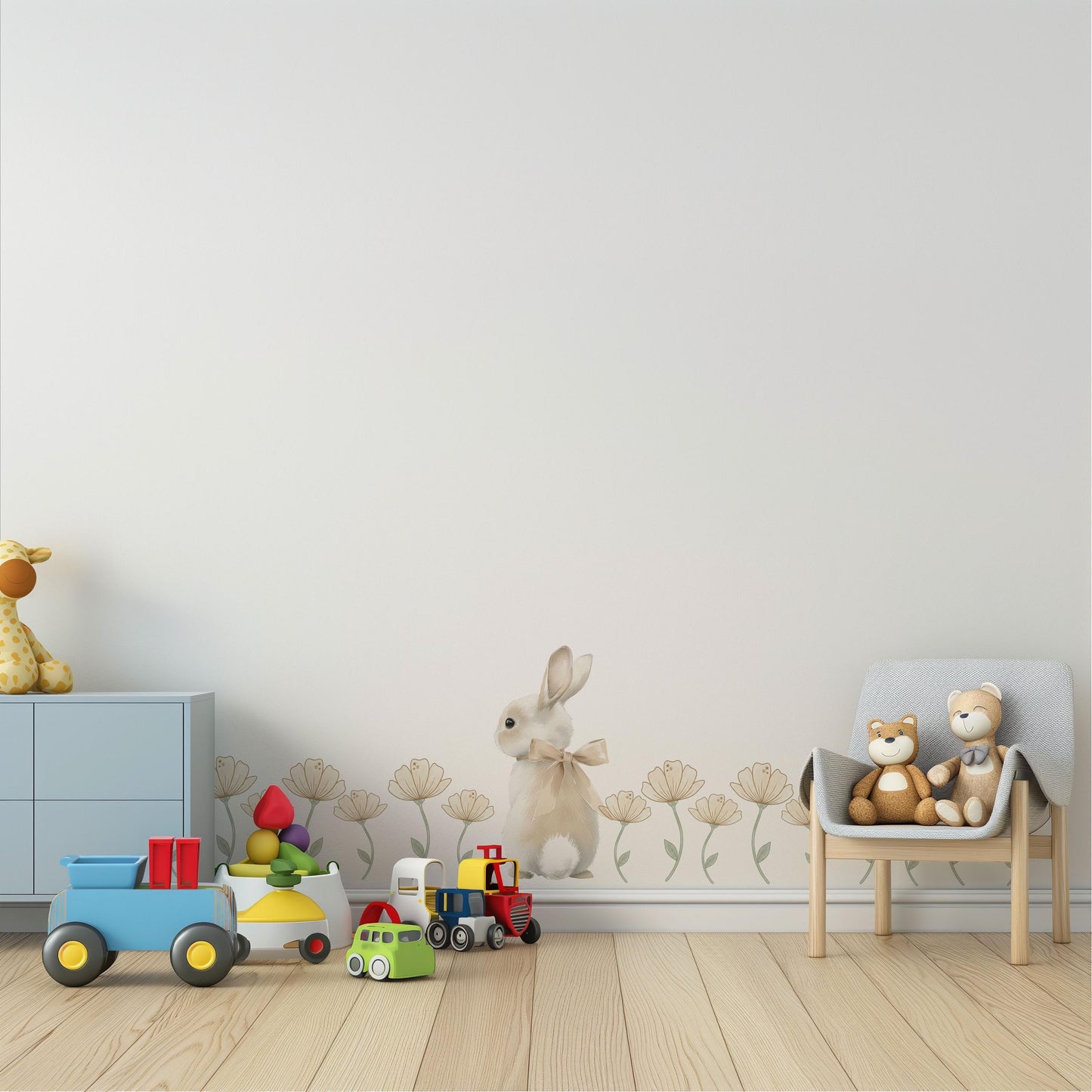 Wildflower Wall Stickers, Boho Nursery Decor, Neutral Bunny Floral Wall Decals, Girls Room Baby Nursery Peel and Stick Wall Art