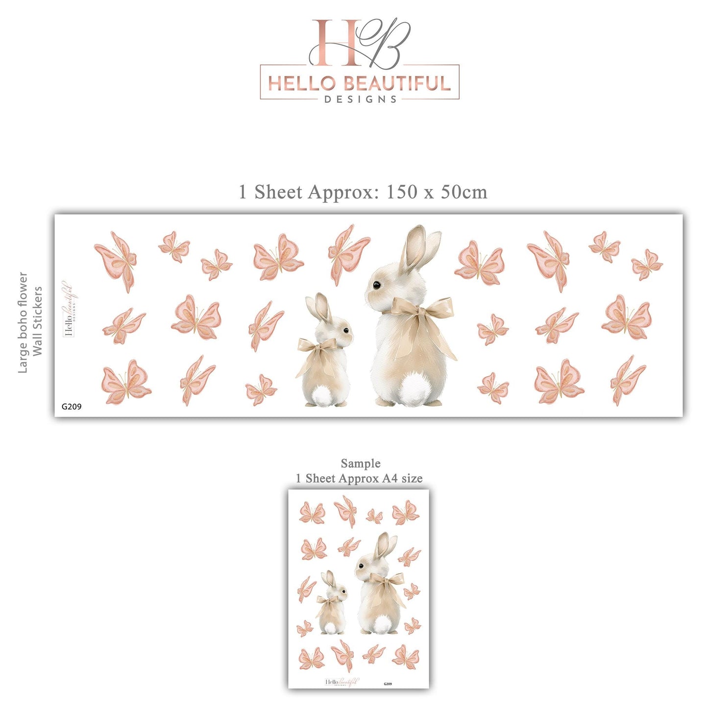 Bunny Wall Stickers, Bunny Nursery Decor, Neutral Butterfly Wall Decals, Boho Girls Room Baby Nursery Peel and Stick Wall Art