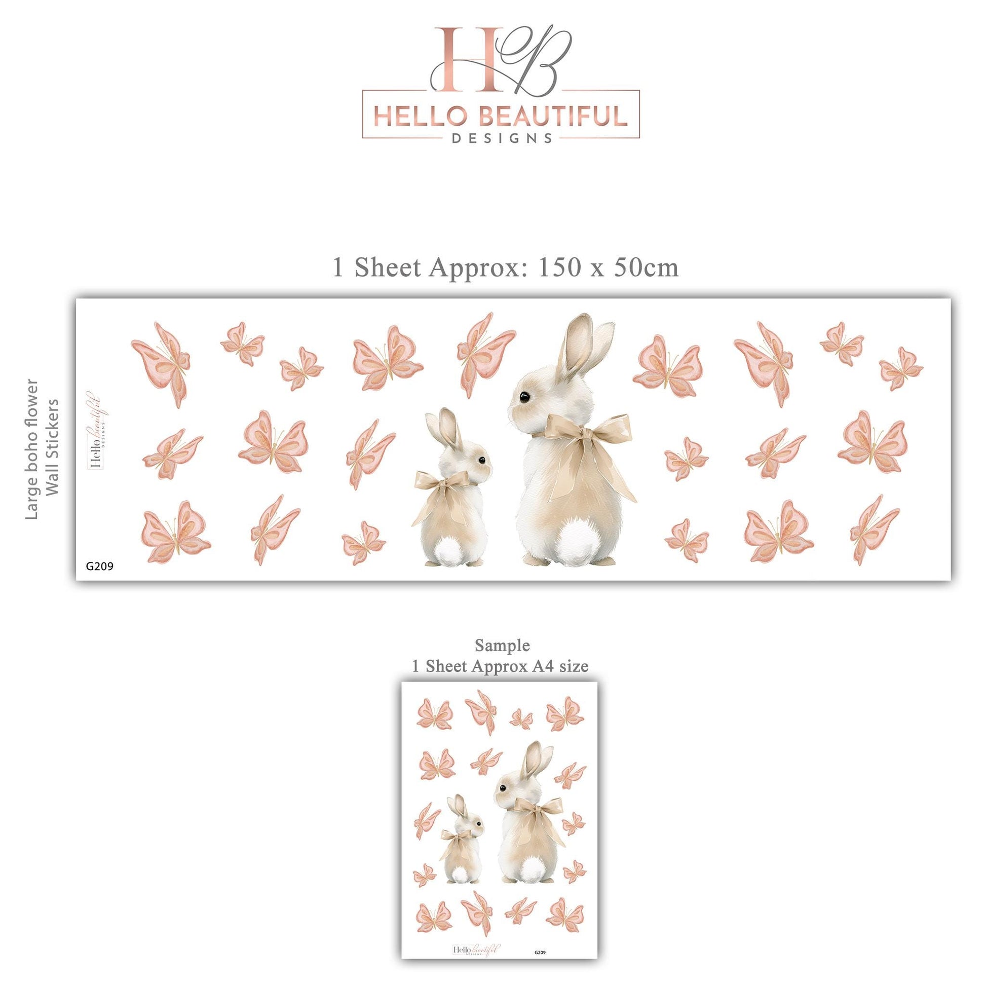 Bunny Wall Stickers, Bunny Nursery Decor, Neutral Butterfly Wall Decals, Boho Girls Room Baby Nursery Peel and Stick Wall Art