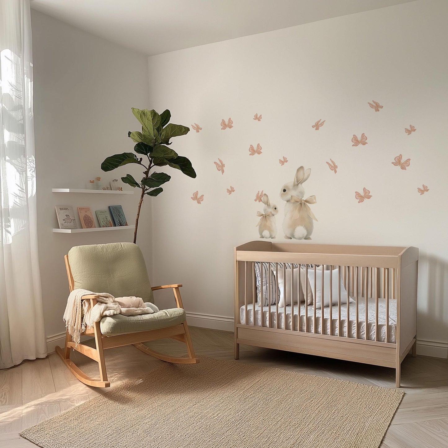 Bunny Wall Stickers, Bunny Nursery Decor, Neutral Butterfly Wall Decals, Boho Girls Room Baby Nursery Peel and Stick Wall Art