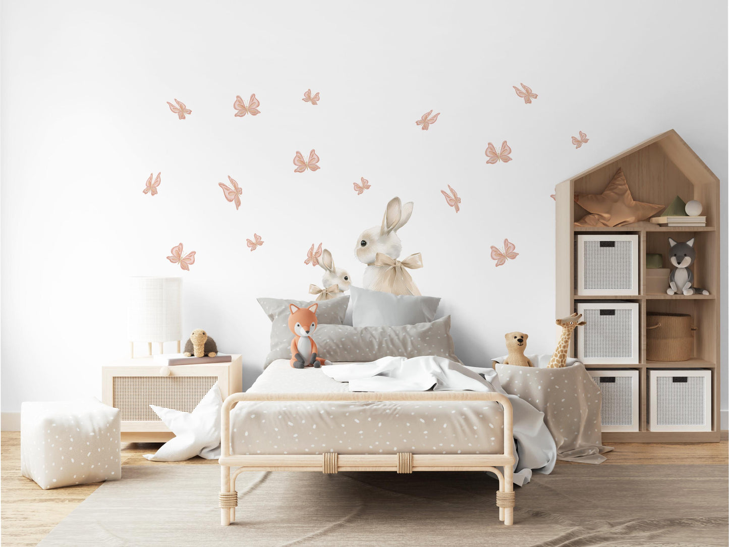 Bunny Wall Stickers, Bunny Nursery Decor, Neutral Butterfly Wall Decals, Boho Girls Room Baby Nursery Peel and Stick Wall Art