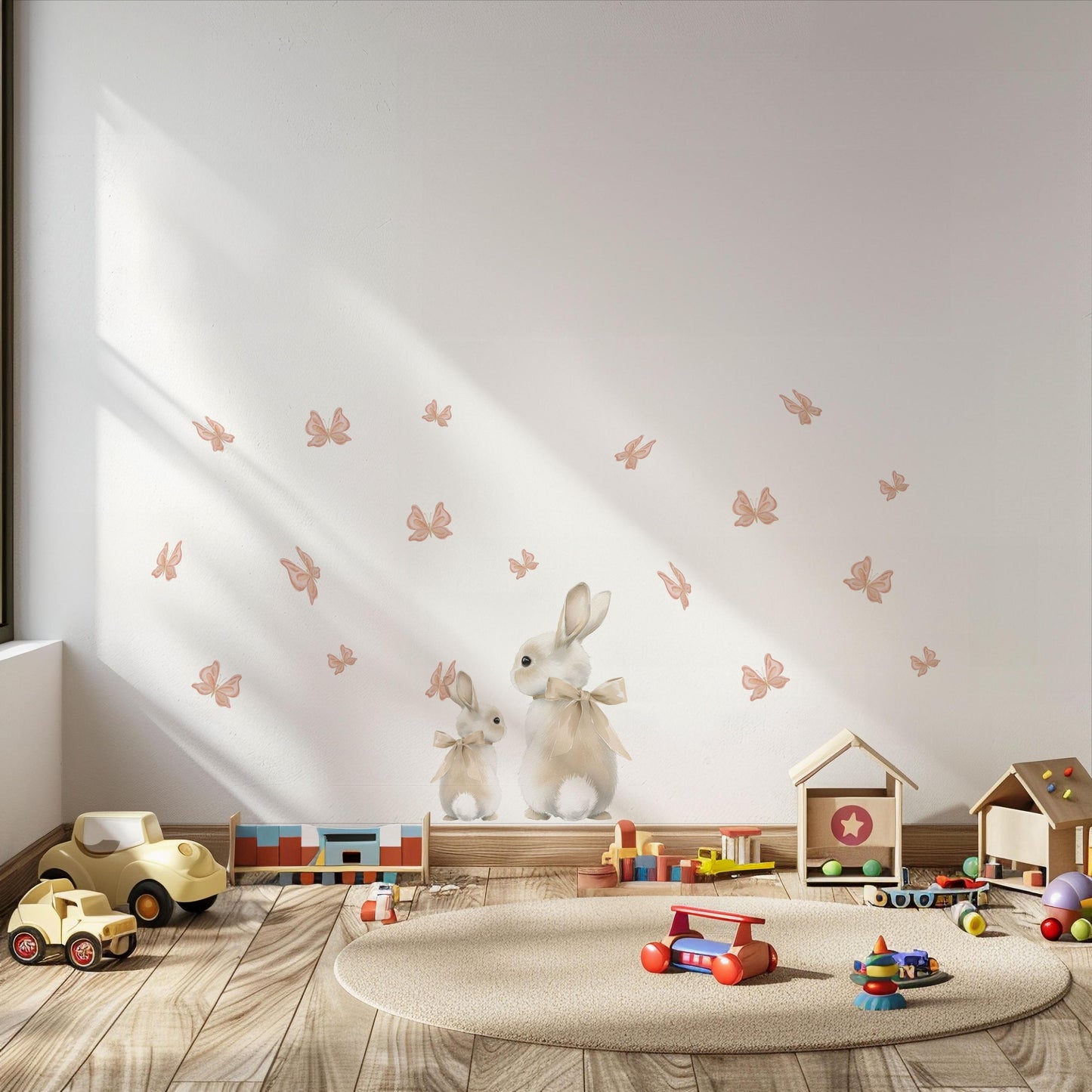 Bunny Wall Stickers, Bunny Nursery Decor, Neutral Butterfly Wall Decals, Boho Girls Room Baby Nursery Peel and Stick Wall Art