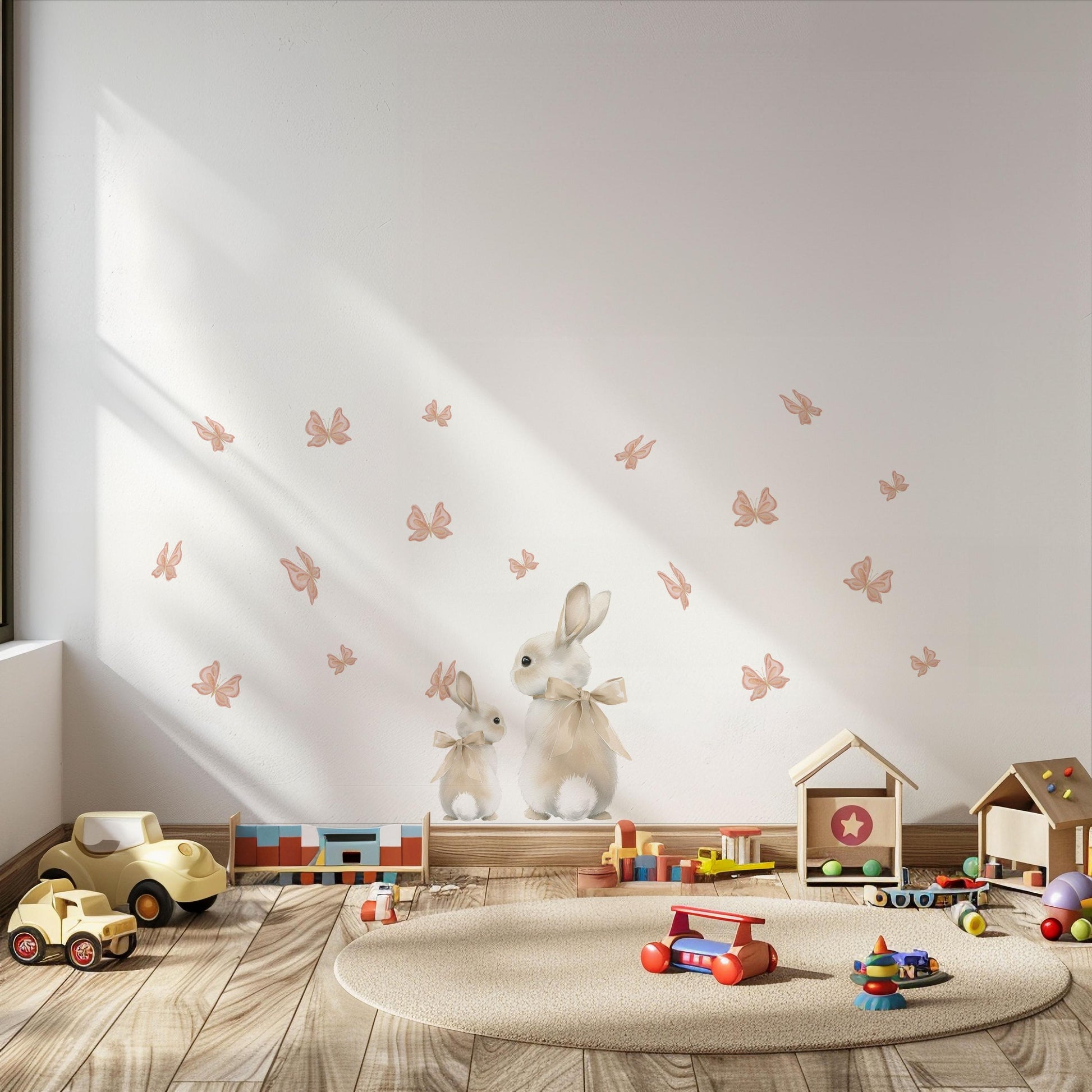 Bunny Wall Stickers, Bunny Nursery Decor, Neutral Butterfly Wall Decals, Boho Girls Room Baby Nursery Peel and Stick Wall Art