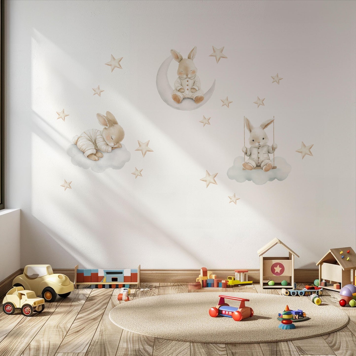 Bunny Wall Stickers, Moon and Stars Nursery Decor, Sleepy Bunny Cloud Star Wall Decals, Neutral Baby Nursery Peel and Stick Wall Art