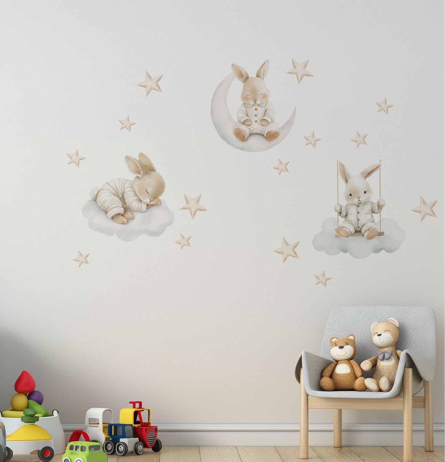 Bunny Wall Stickers, Moon and Stars Nursery Decor, Sleepy Bunny Cloud Star Wall Decals, Neutral Baby Nursery Peel and Stick Wall Art