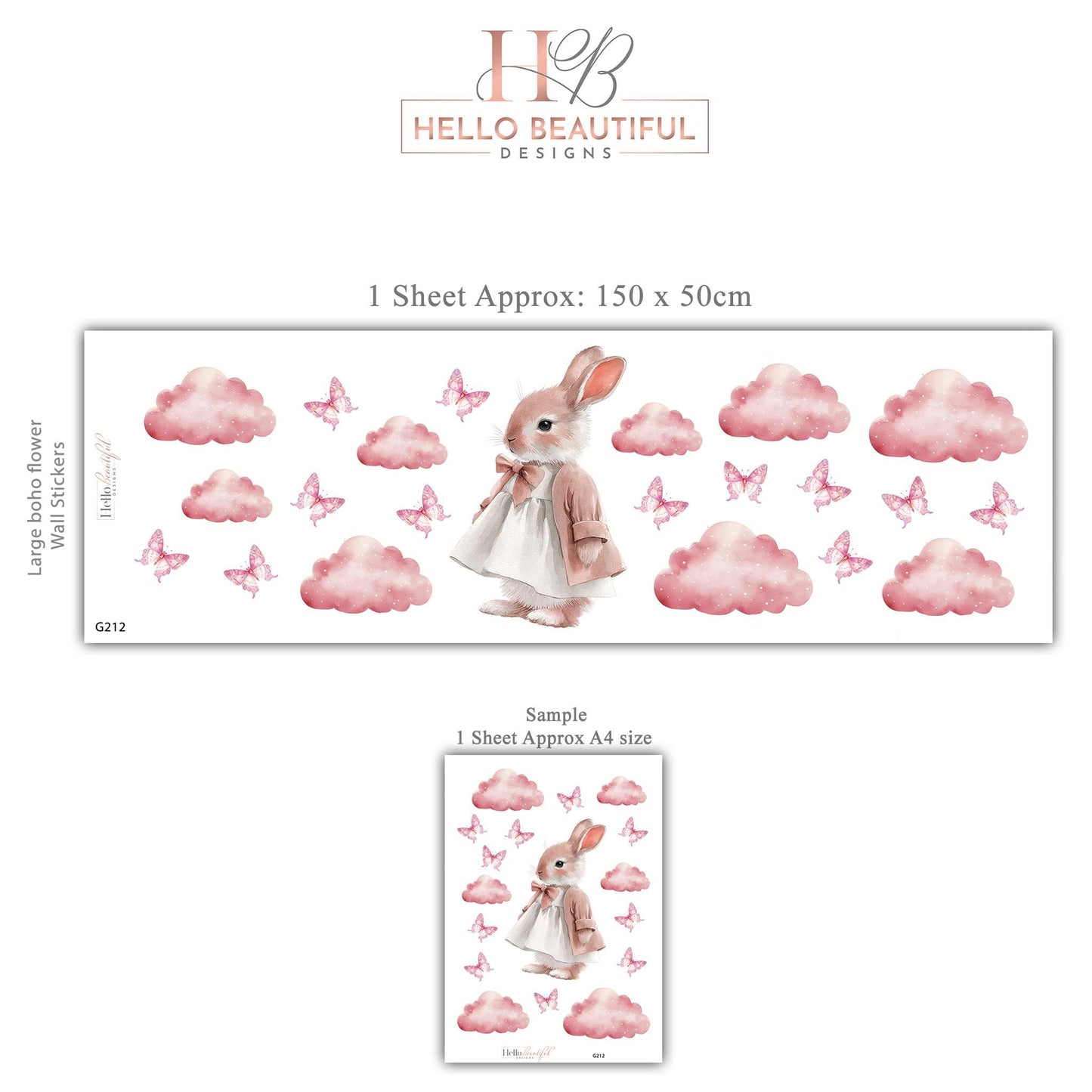 Pink Cloud Wall Stickers, Girls Nursery Decor, Bunny Butterfly Wall Decals, Baby Girl Kids Bedroom Playroom Peel and Stick Wall Art
