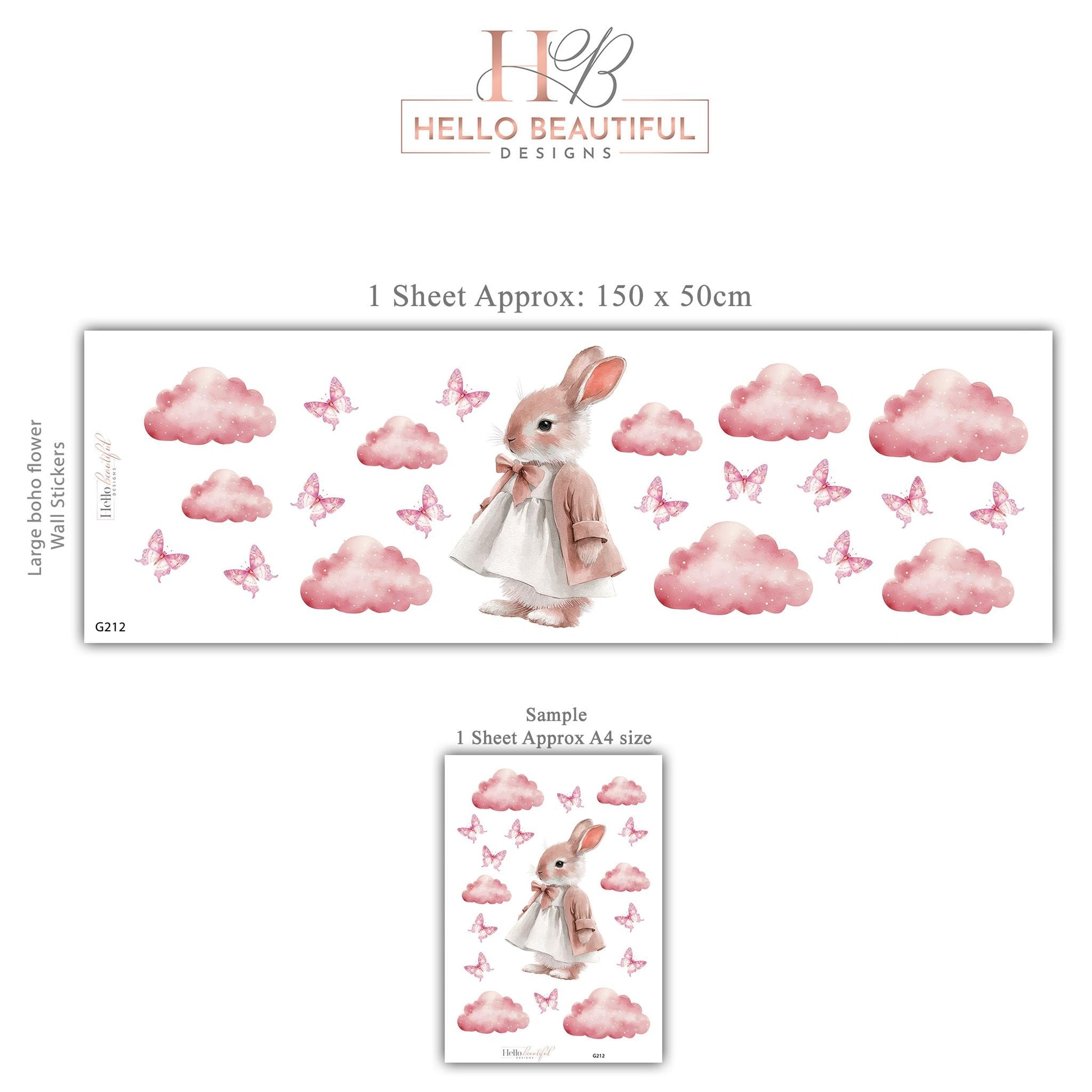Pink Cloud Wall Stickers, Girls Nursery Decor, Bunny Butterfly Wall Decals, Baby Girl Kids Bedroom Playroom Peel and Stick Wall Art