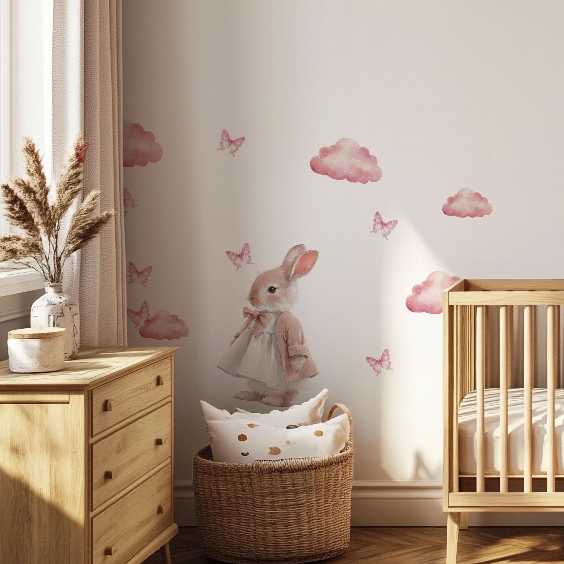Pink Cloud Wall Stickers, Girls Nursery Decor, Bunny Butterfly Wall Decals, Baby Girl Kids Bedroom Playroom Peel and Stick Wall Art