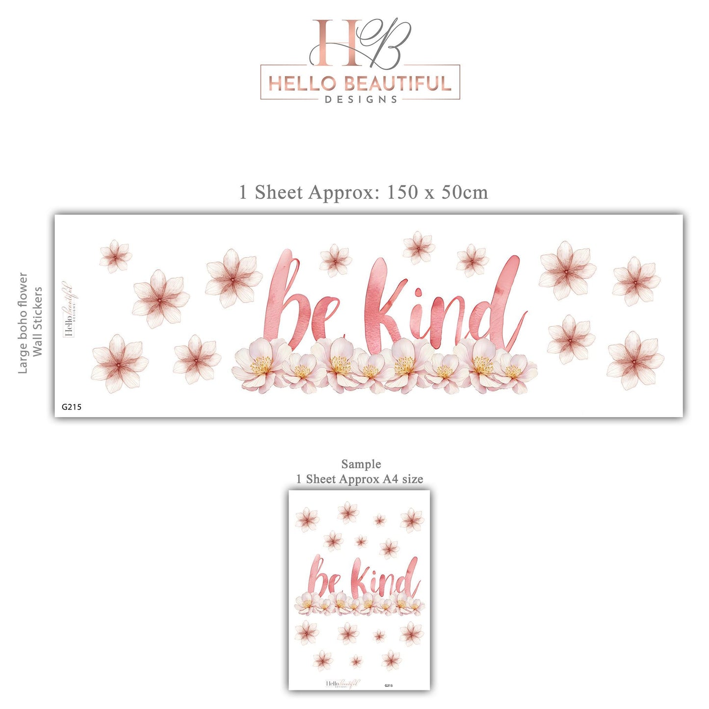 Be Kind Wall Sticker, Inspirational Quote Nursery Decor, Pink Floral Blossom Wall Decals, Girls Room Kids Bedroom Peel and Stick Wall Art